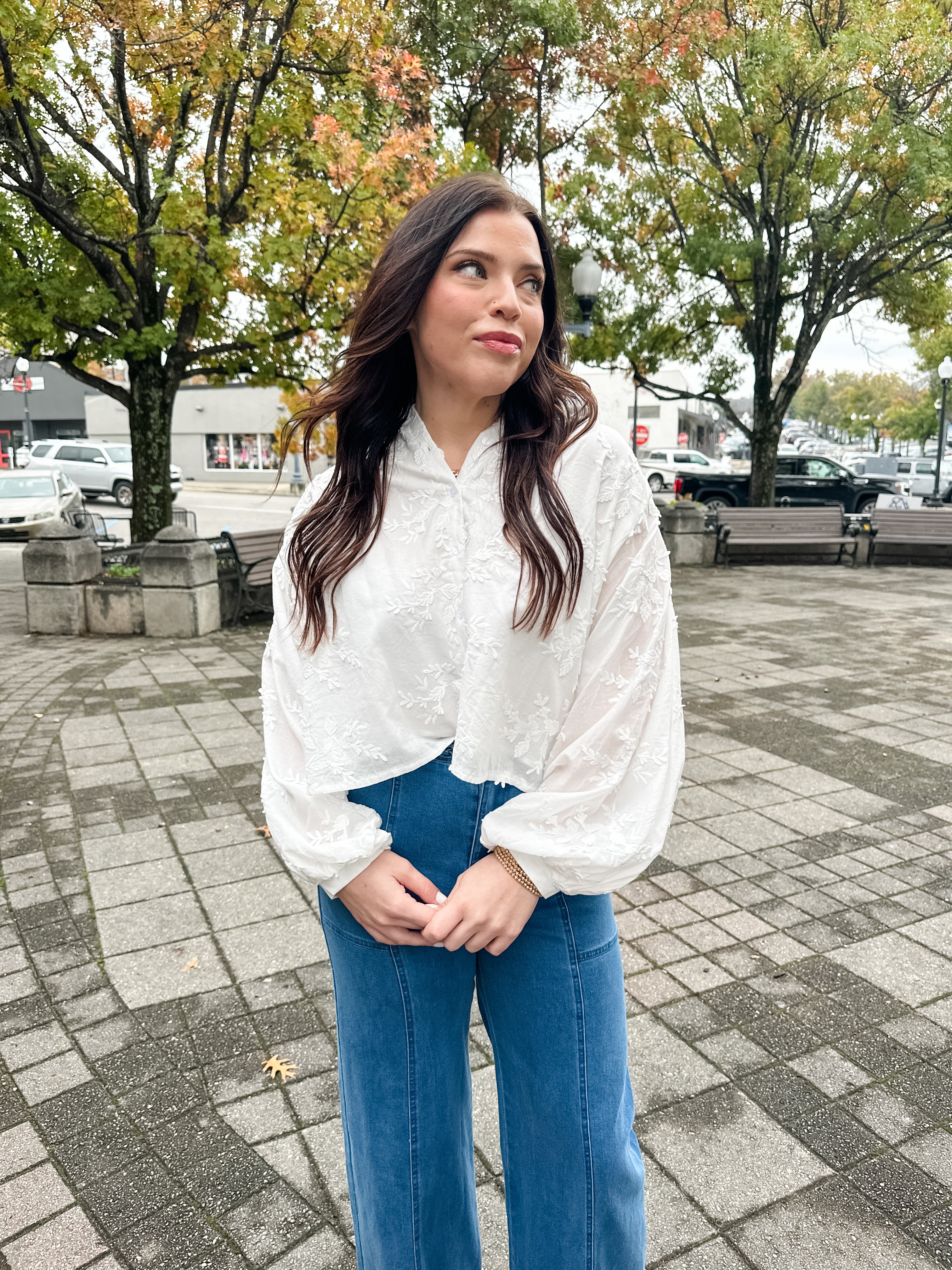 Embroidered Floral Button Front Top