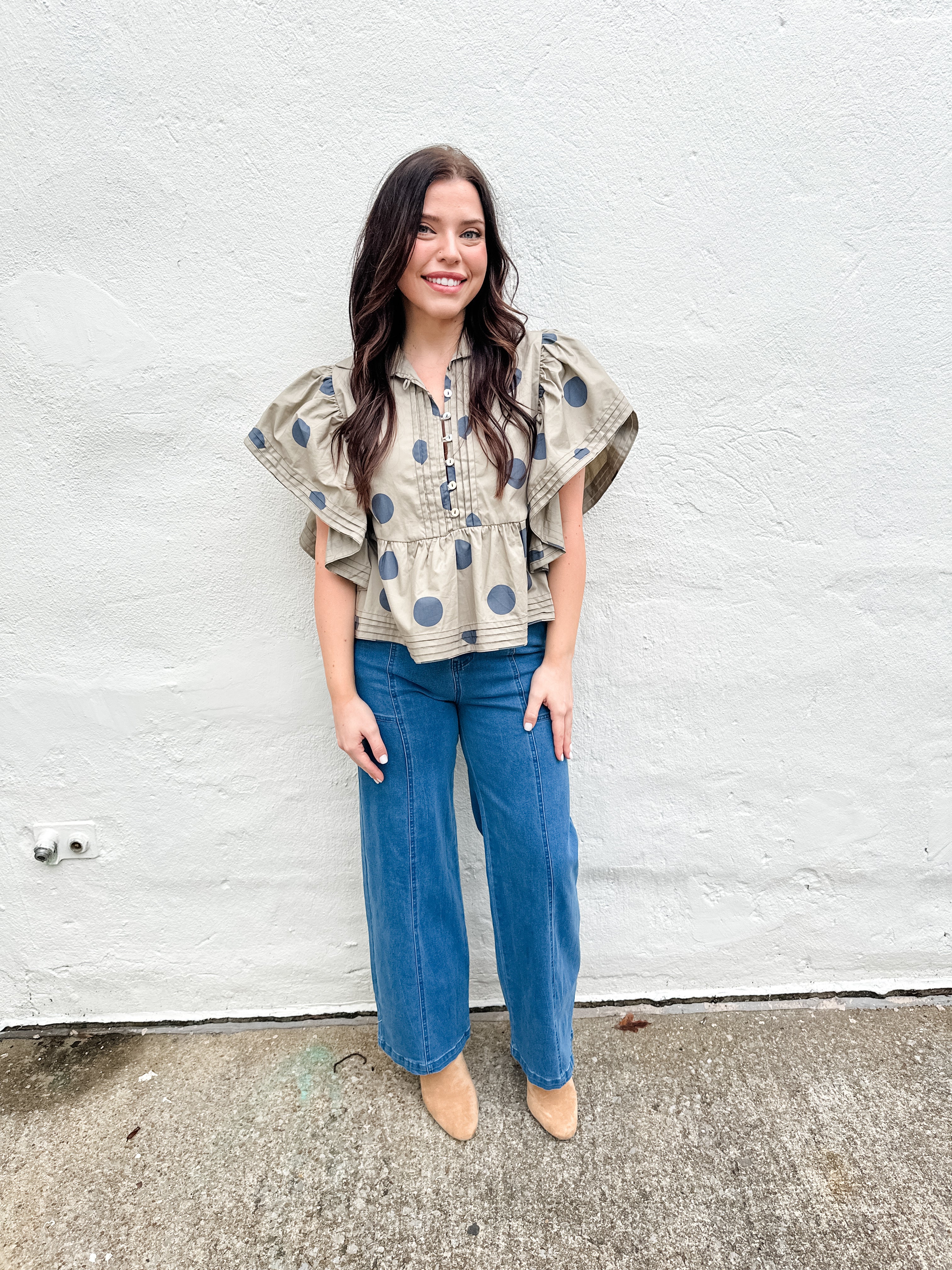 Polka Dot Ruffle Sleeve Top