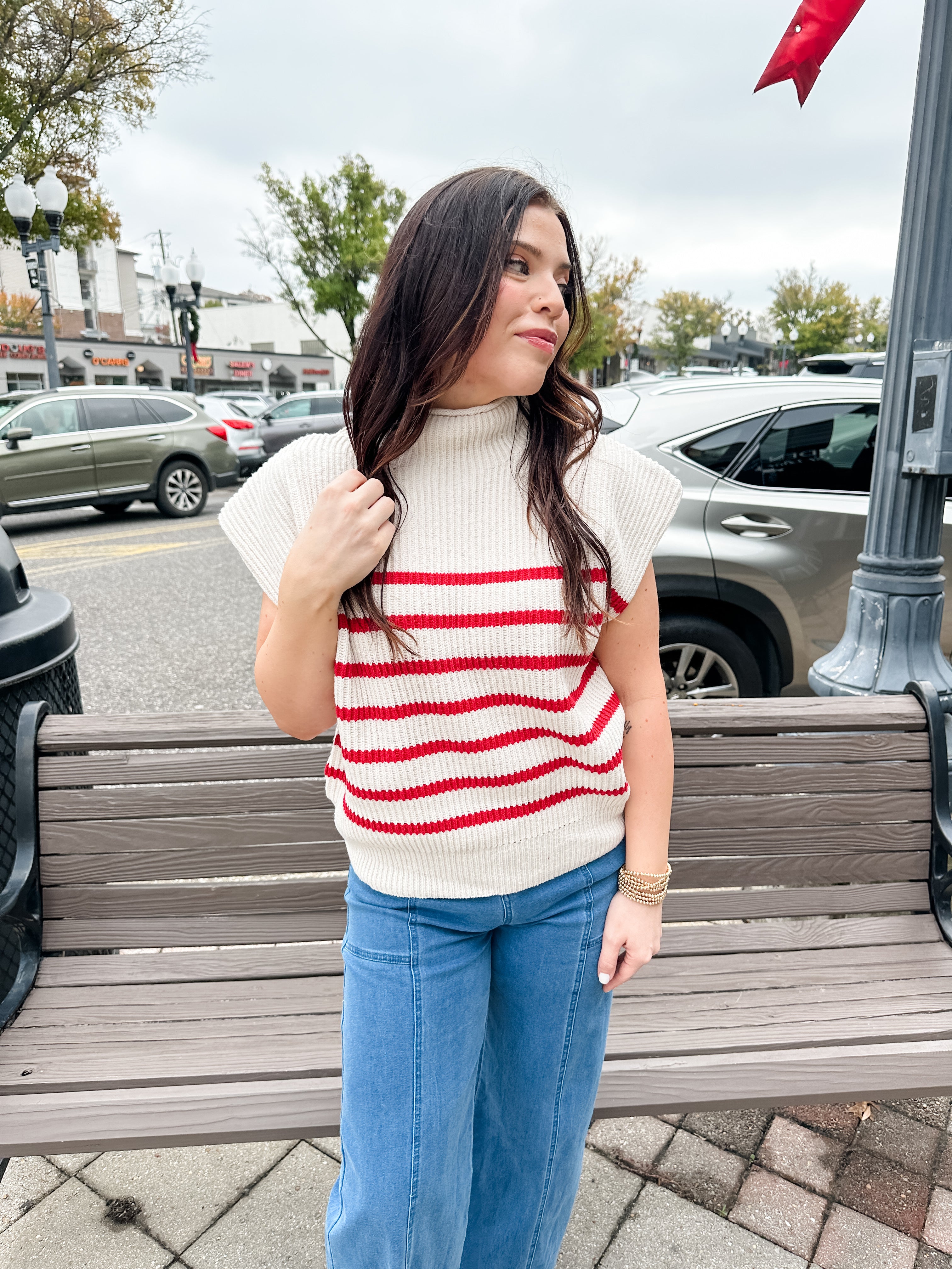 Stripe Ribbed Mock Neck Sweater