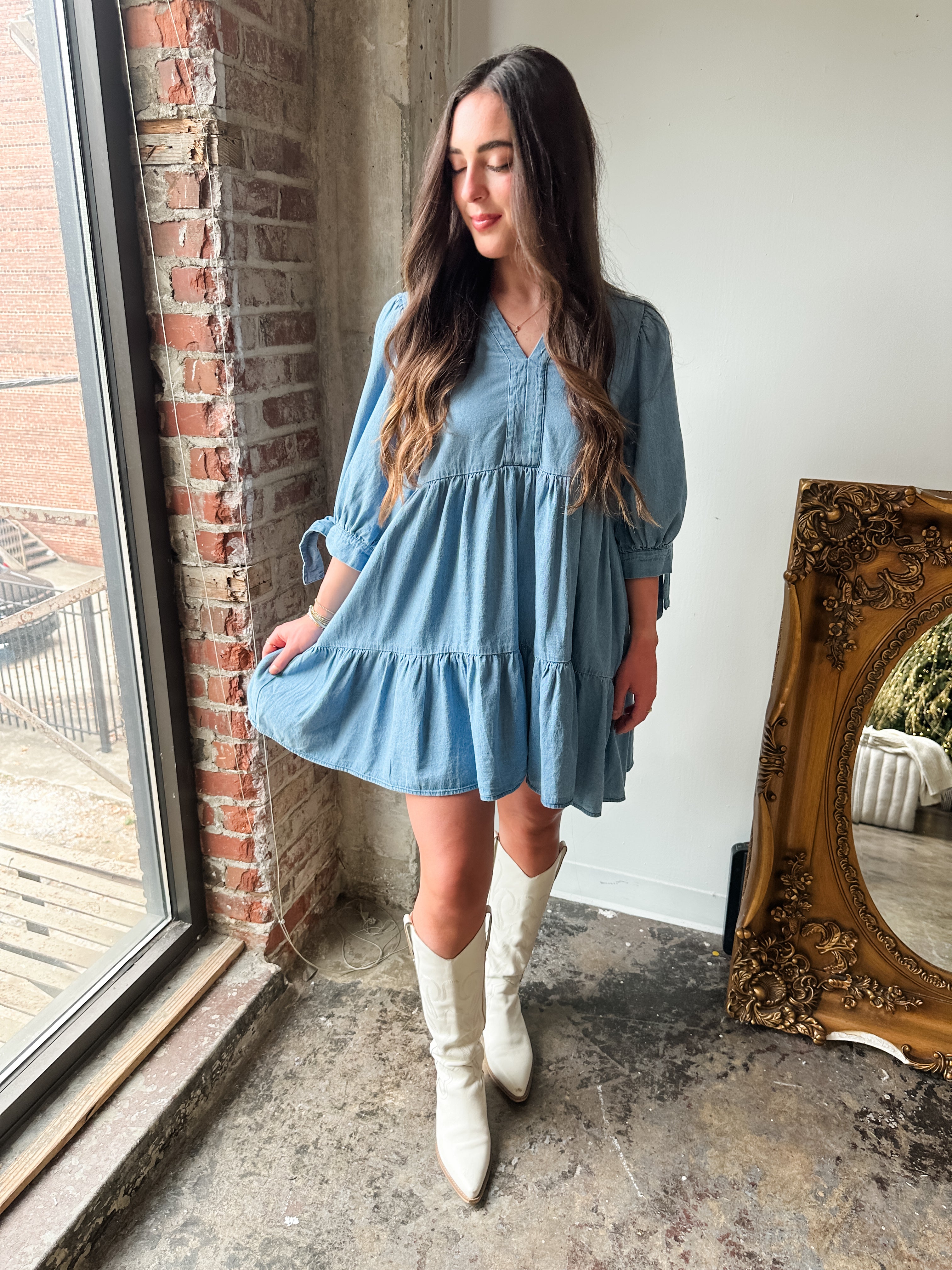 Tiered Denim Tie Sleeve Dress