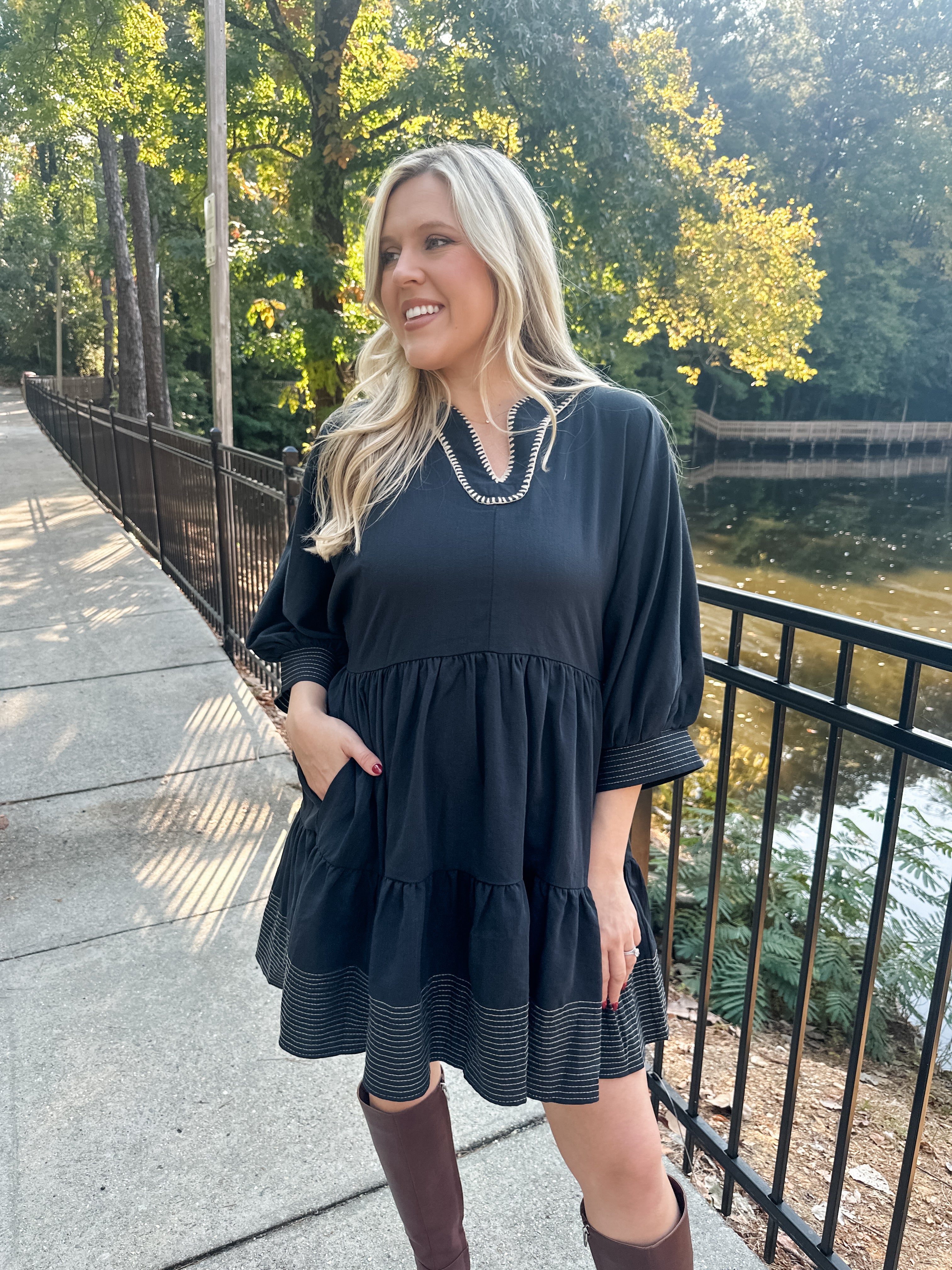 Whipstitched V-neck Dress