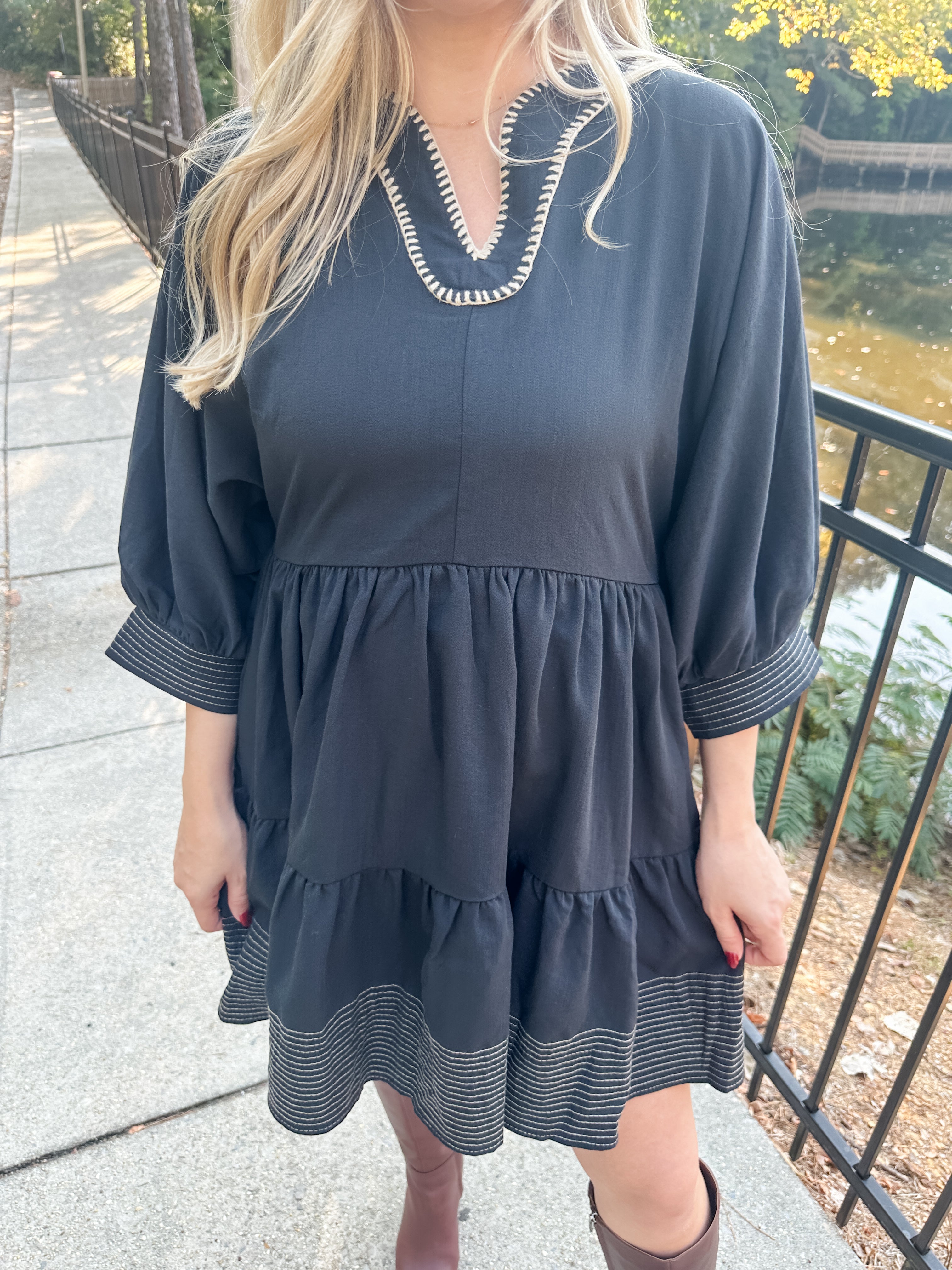 Whipstitched V-neck Dress