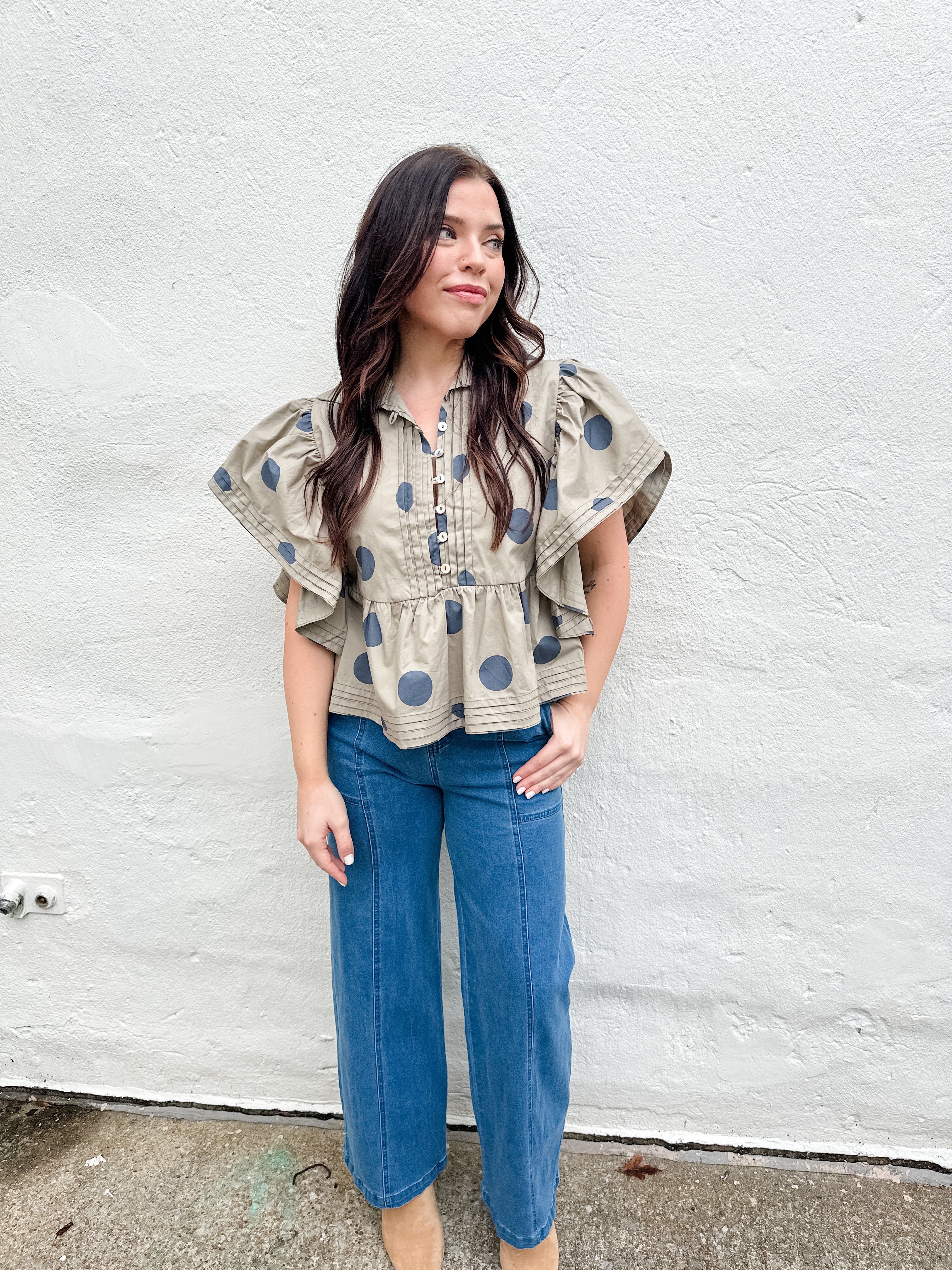 Polka Dot Ruffle Sleeve Top