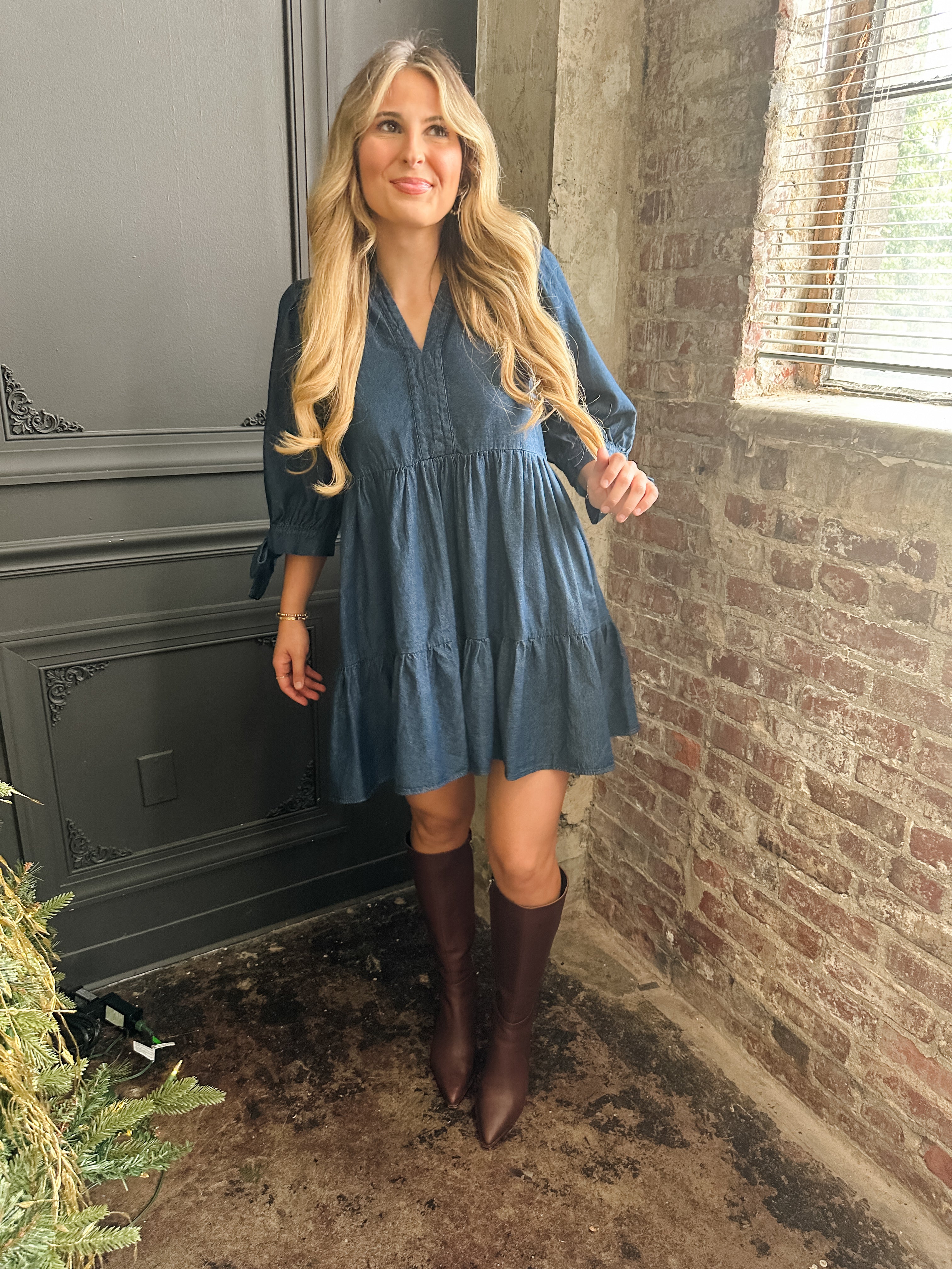 Tiered Denim Tie Sleeve Dress