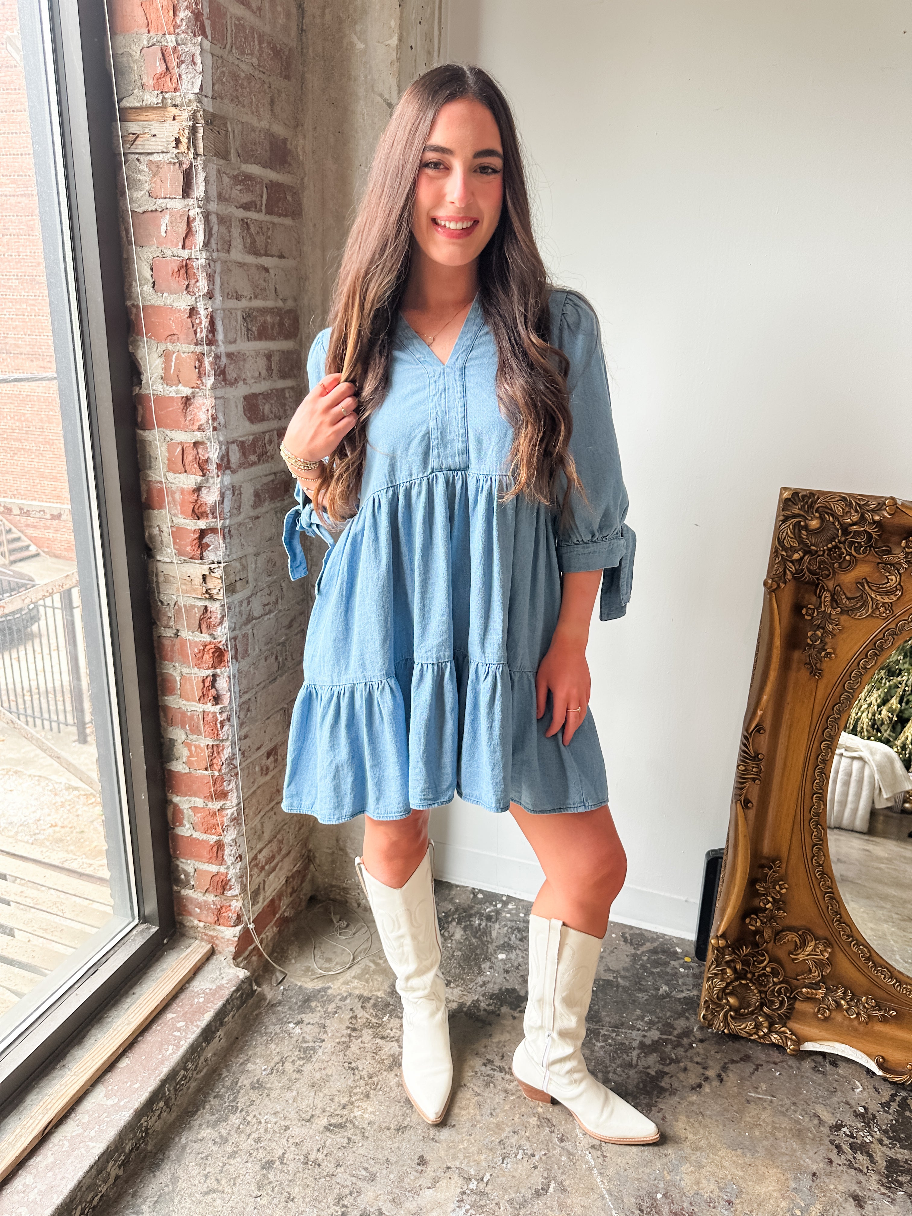 Tiered Denim Tie Sleeve Dress