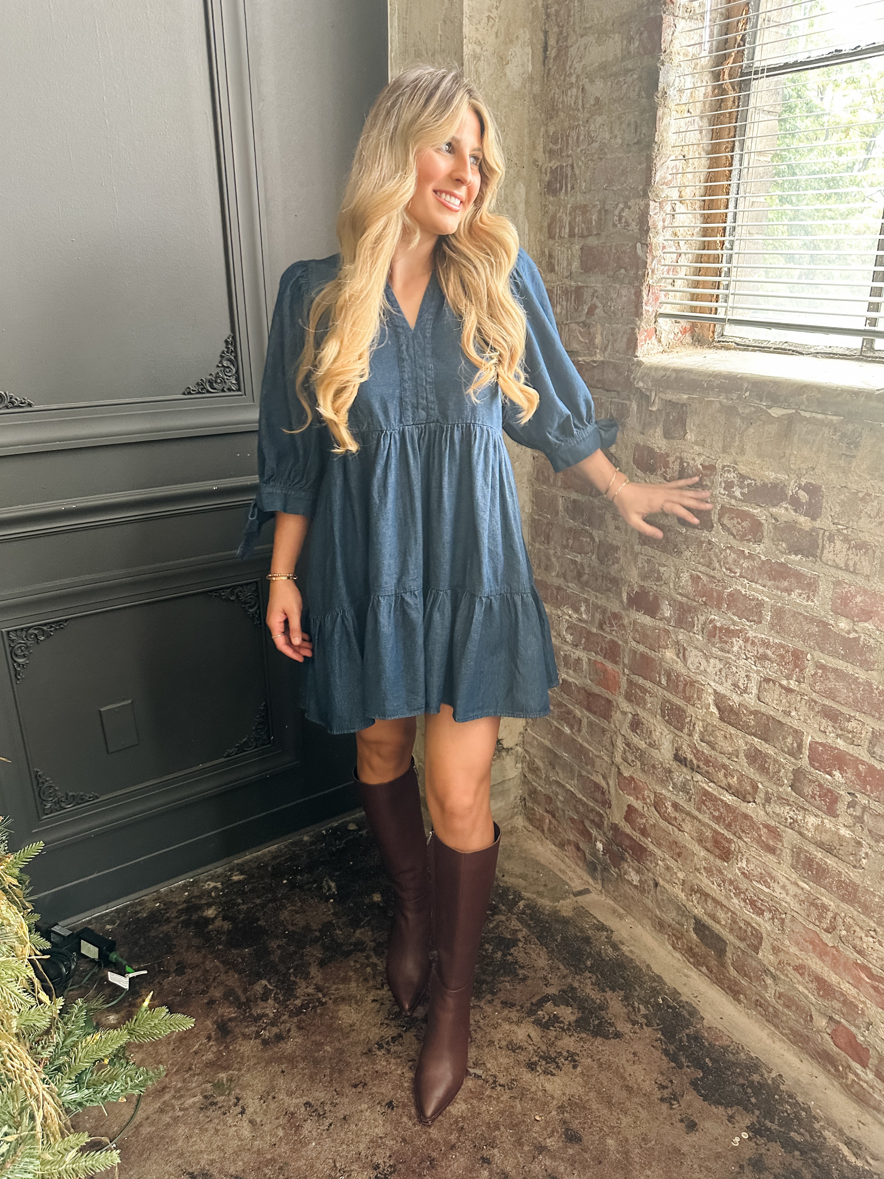 Tiered Denim Tie Sleeve Dress