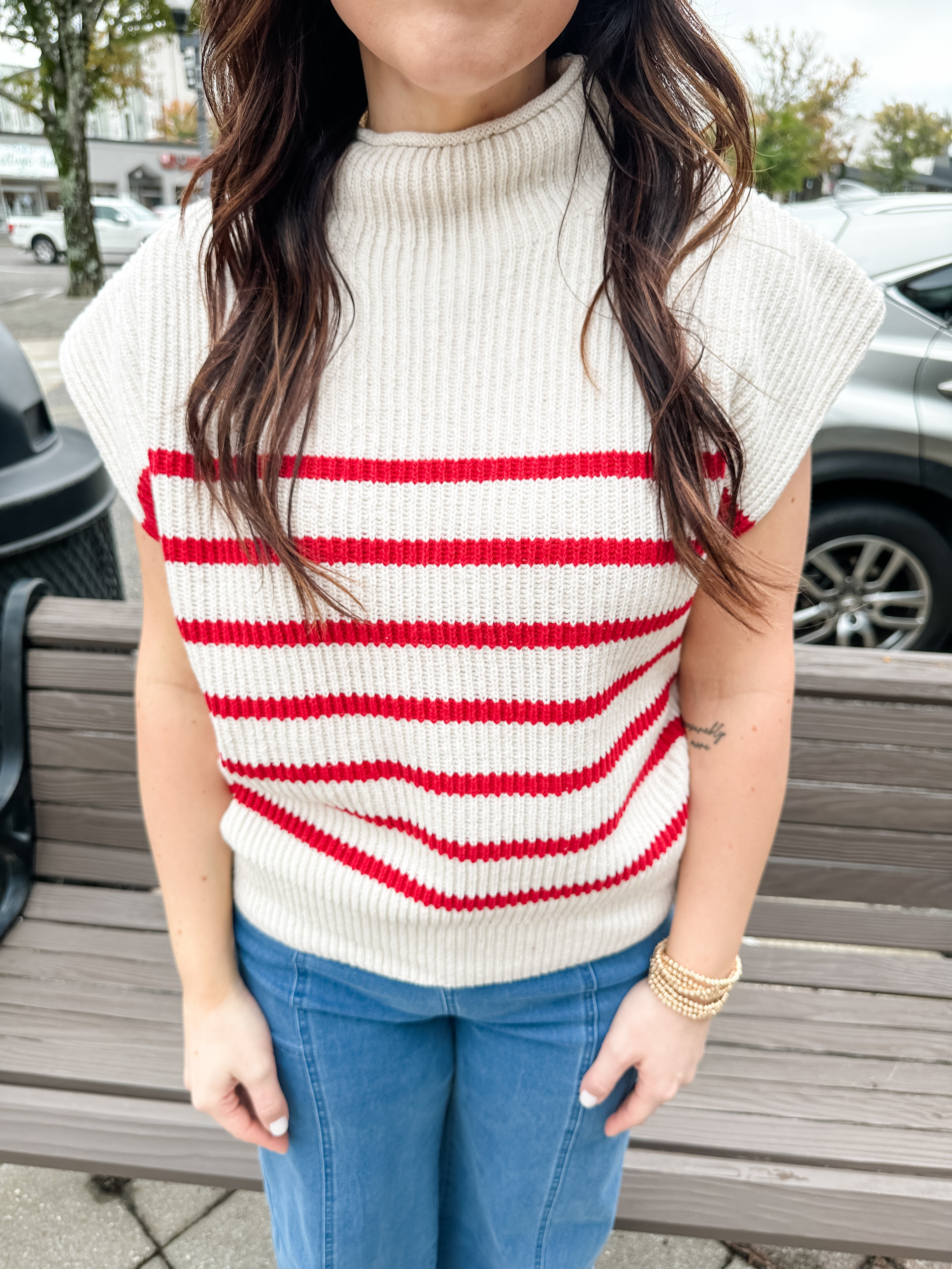 Stripe Ribbed Mock Neck Sweater