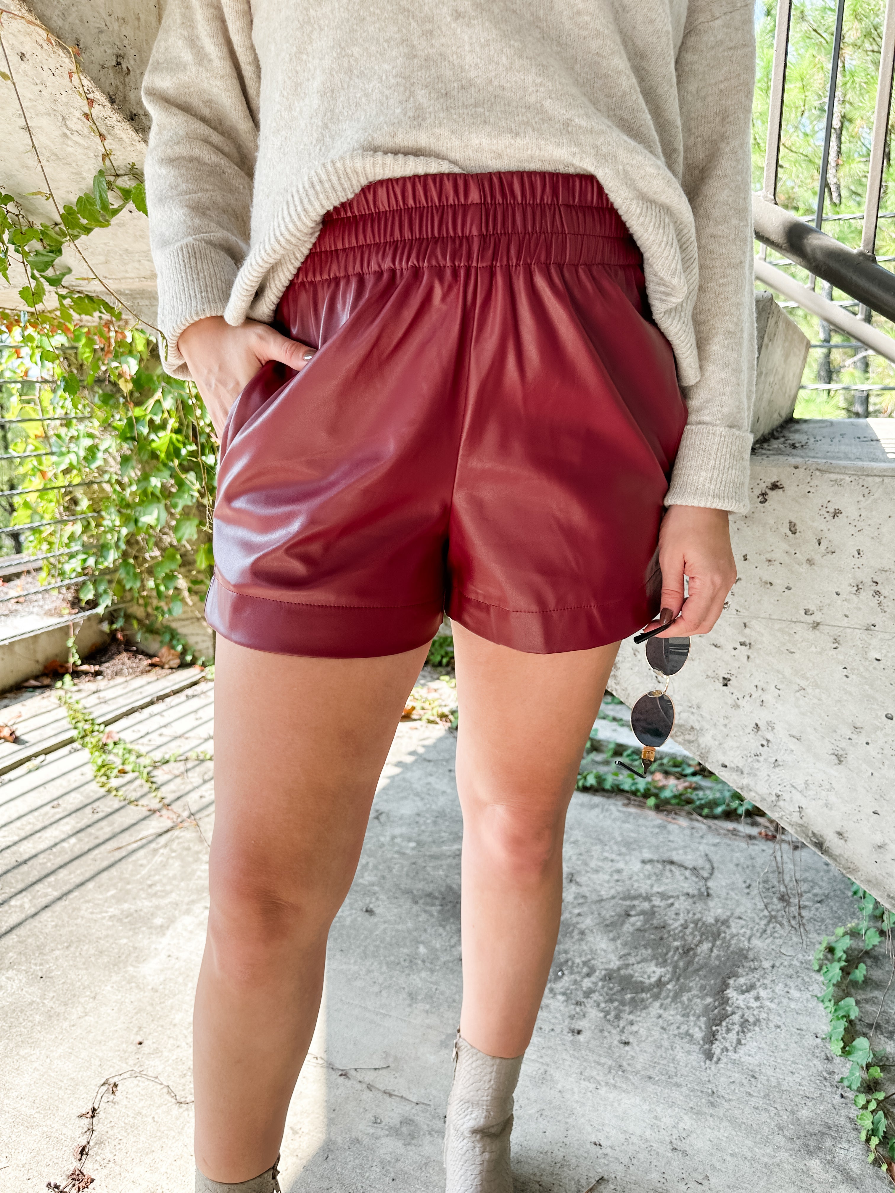 Elastic Waist Leather Shorts