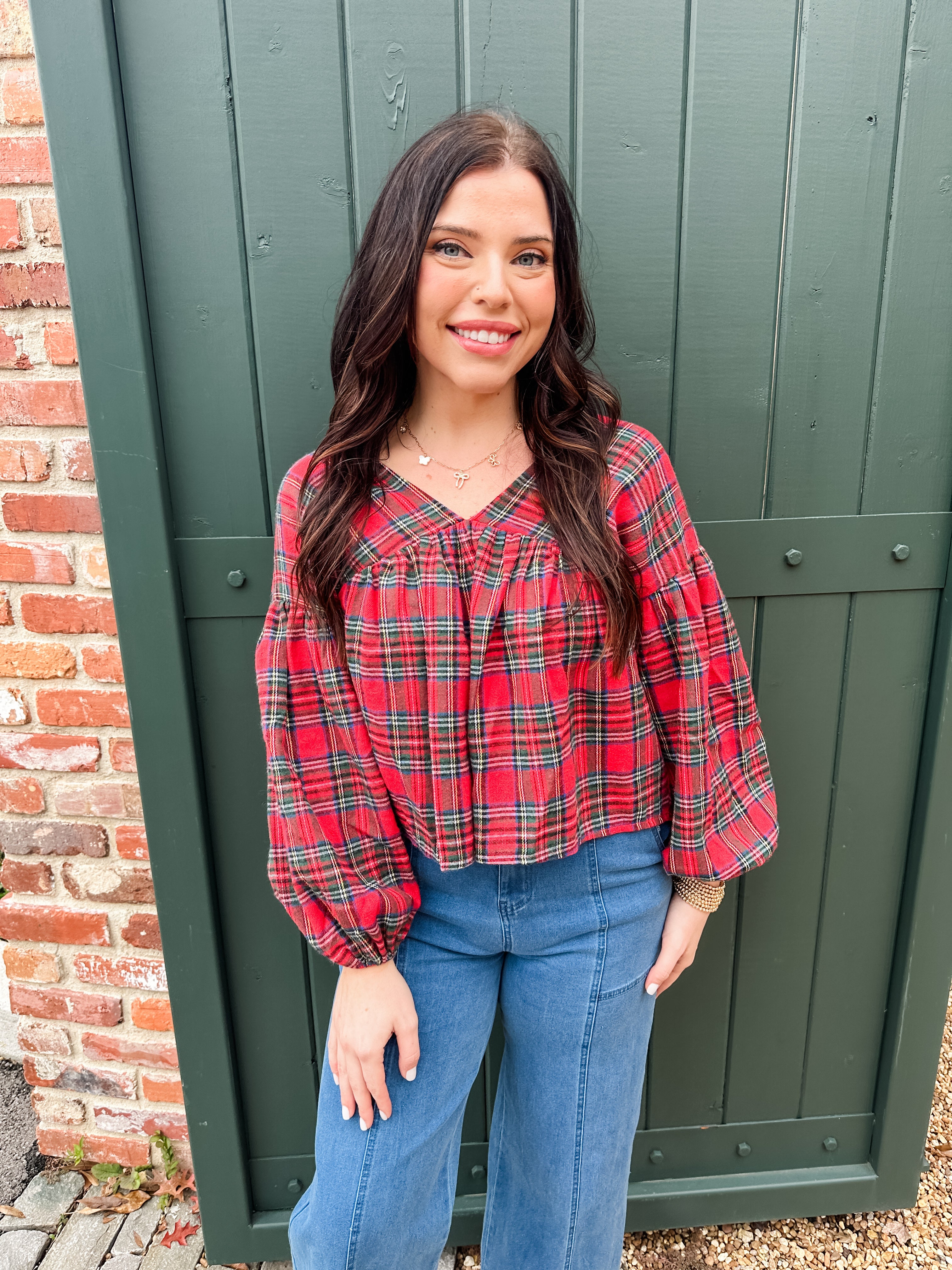 Plaid V-neck Top