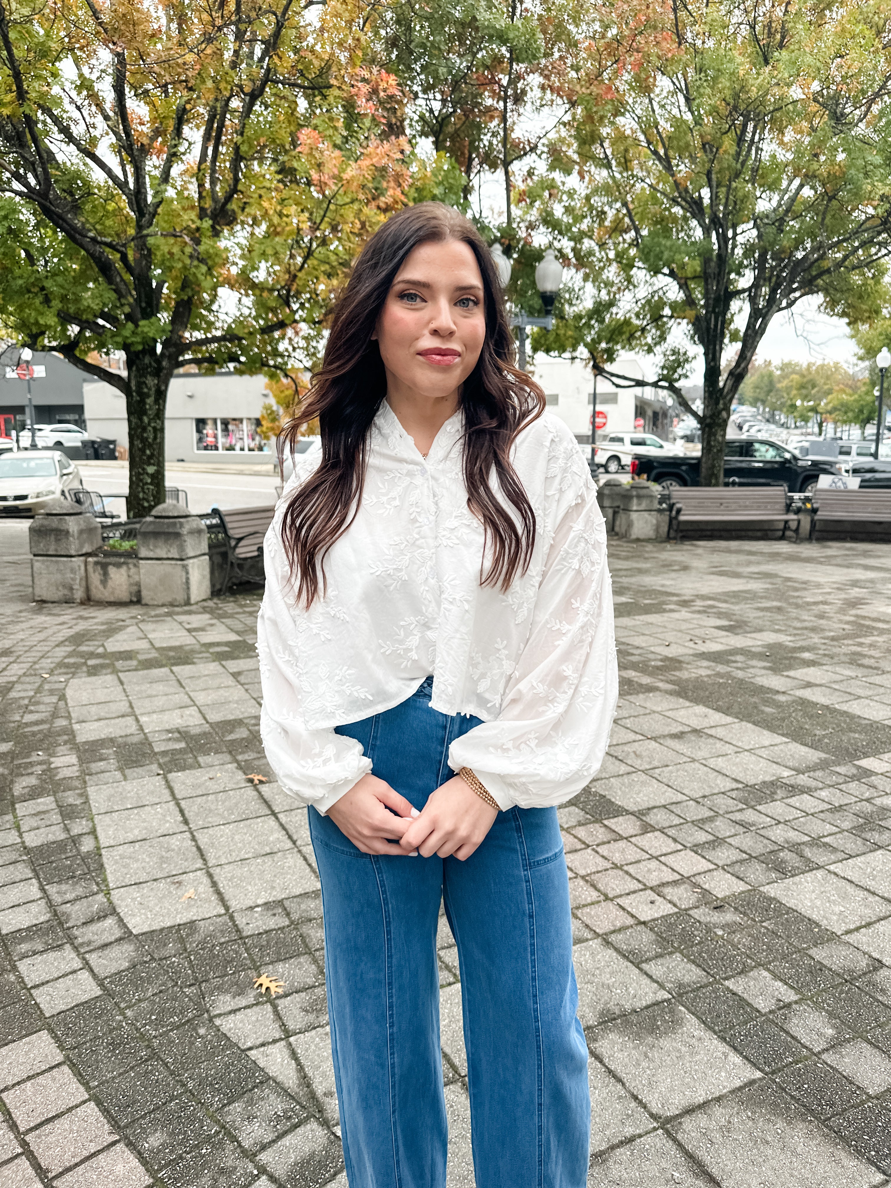 Embroidered Floral Button Front Top