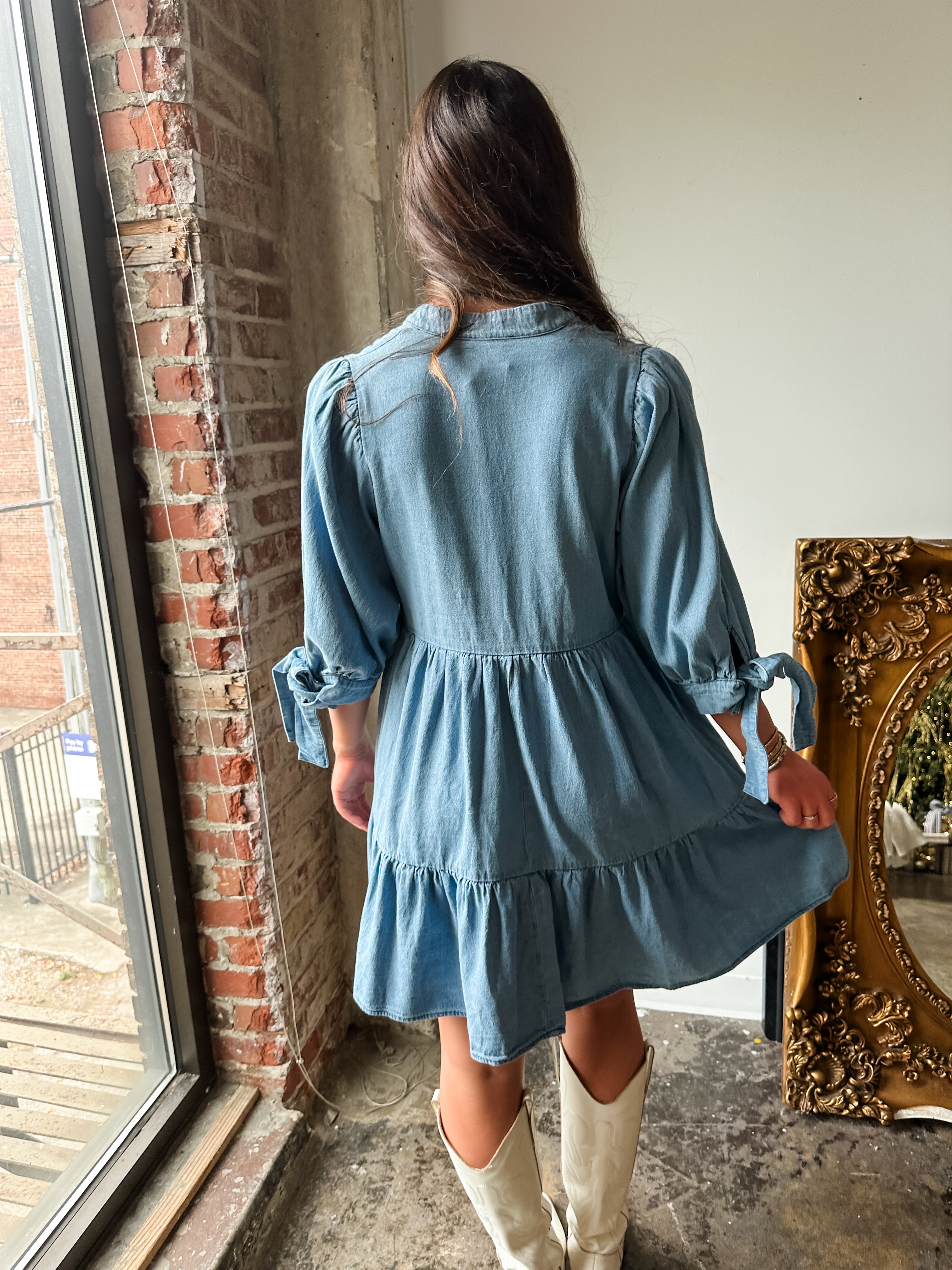 Tiered Denim Tie Sleeve Dress