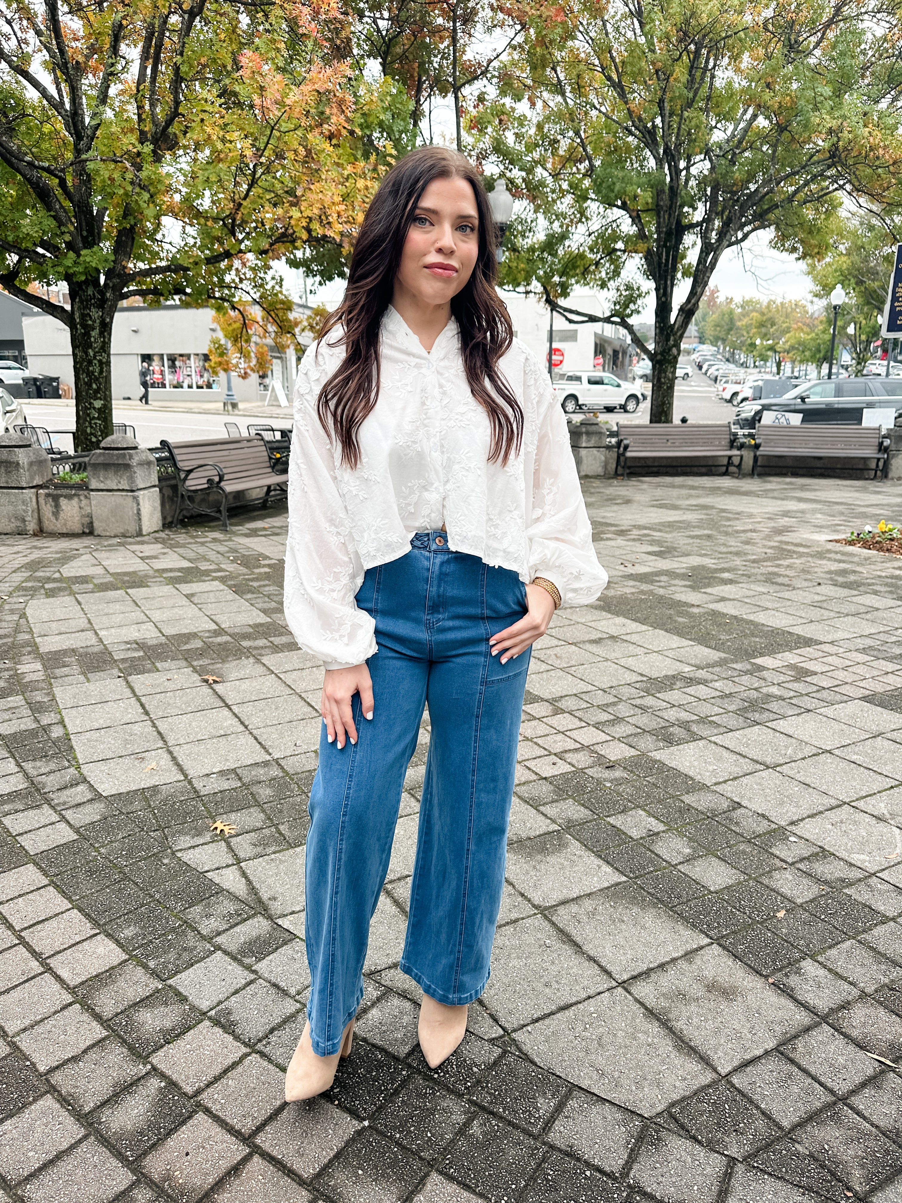 Embroidered Floral Button Front Top