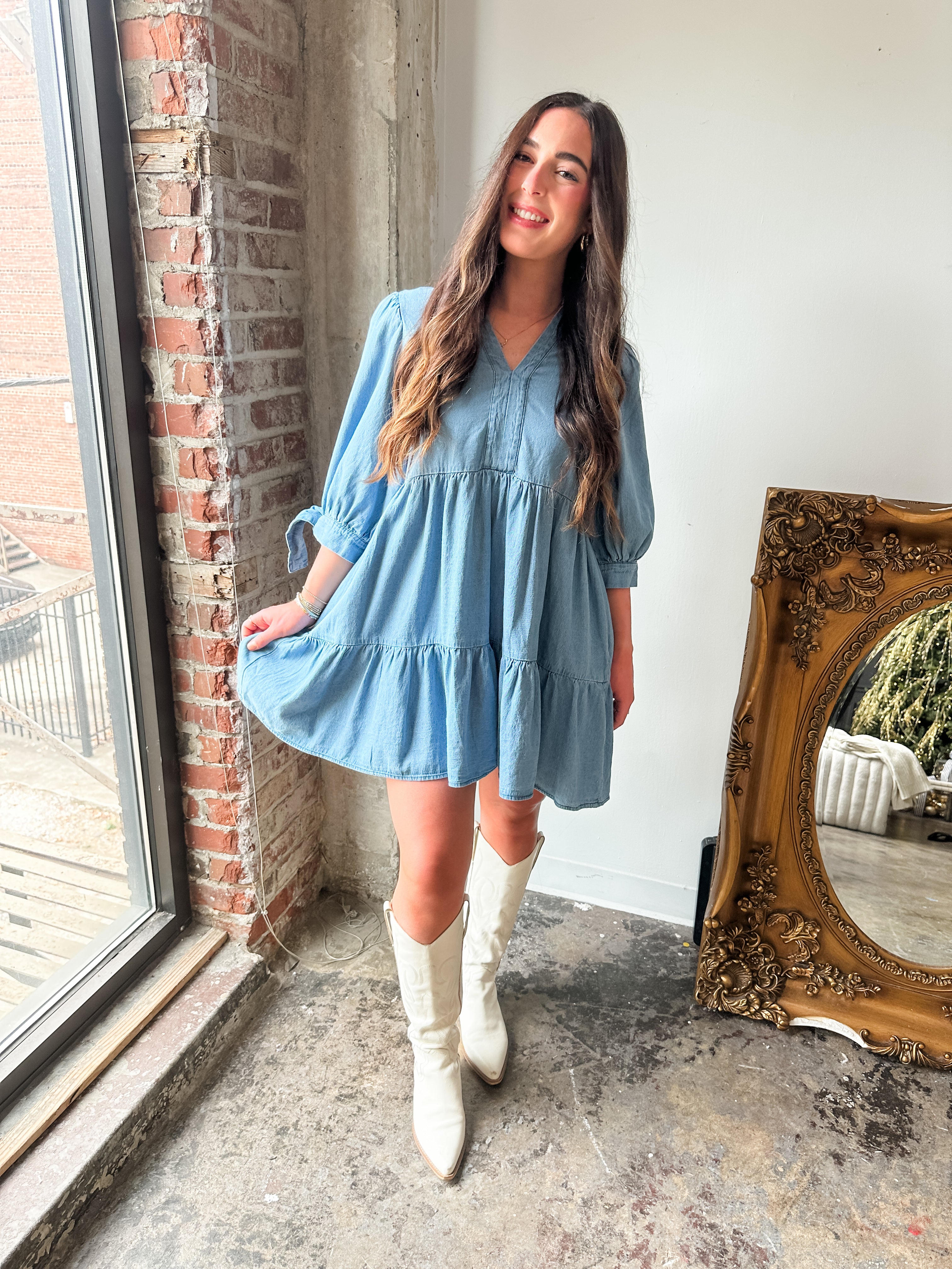 Tiered Denim Tie Sleeve Dress