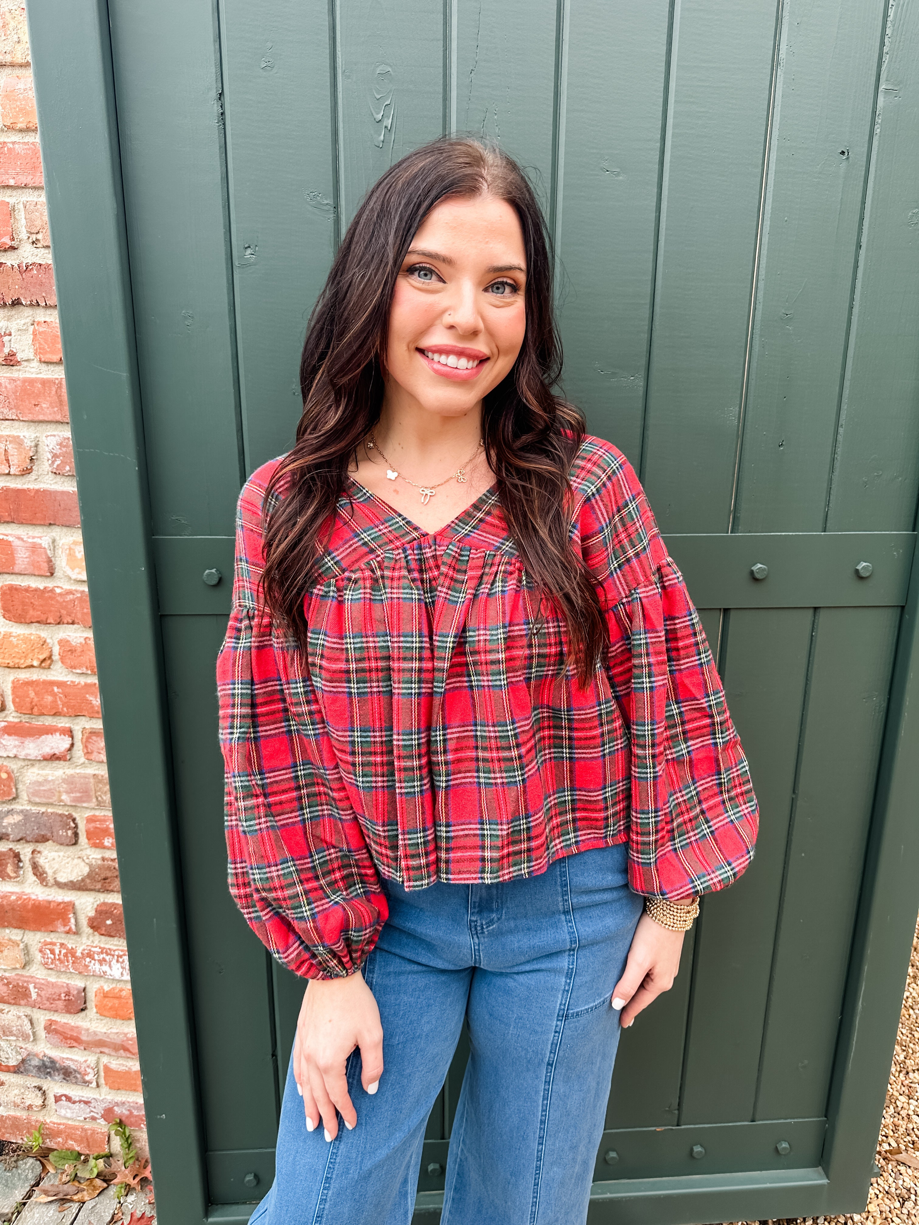 Plaid V-neck Top