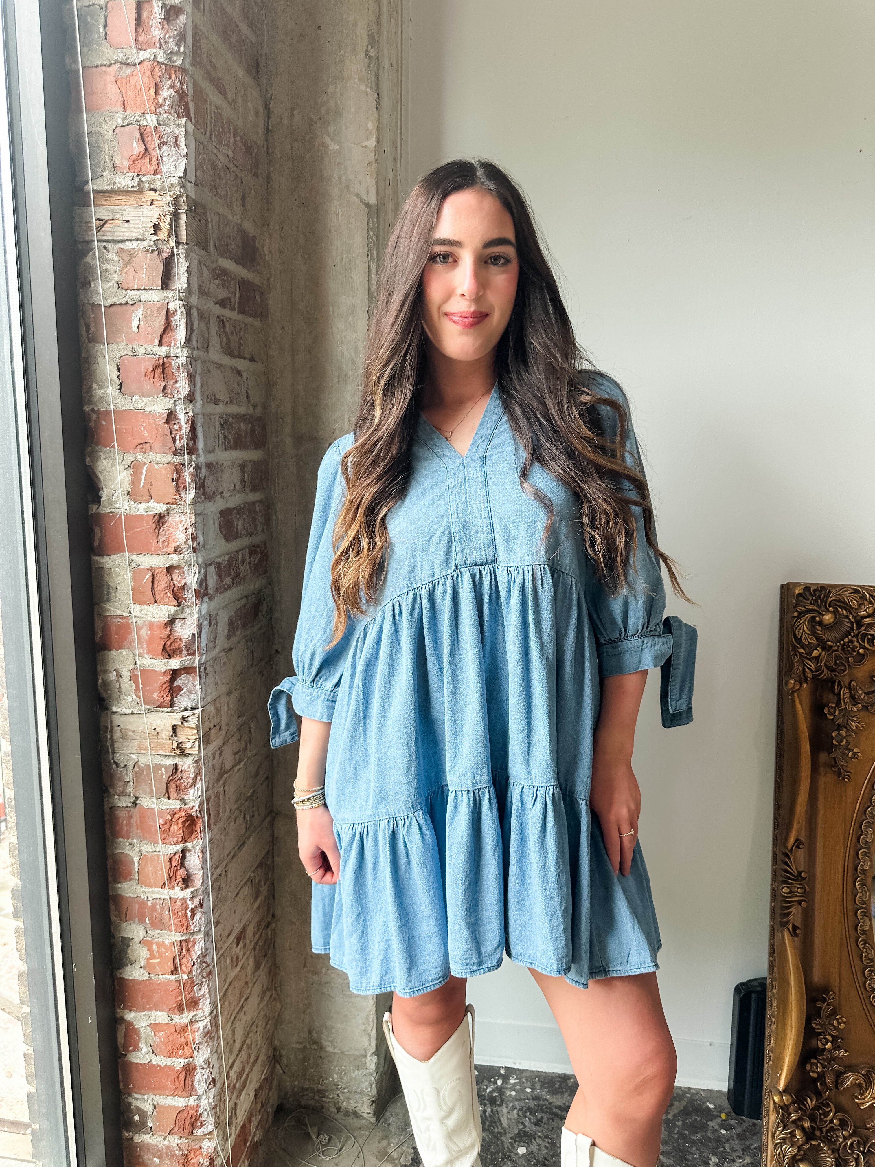 Tiered Denim Tie Sleeve Dress