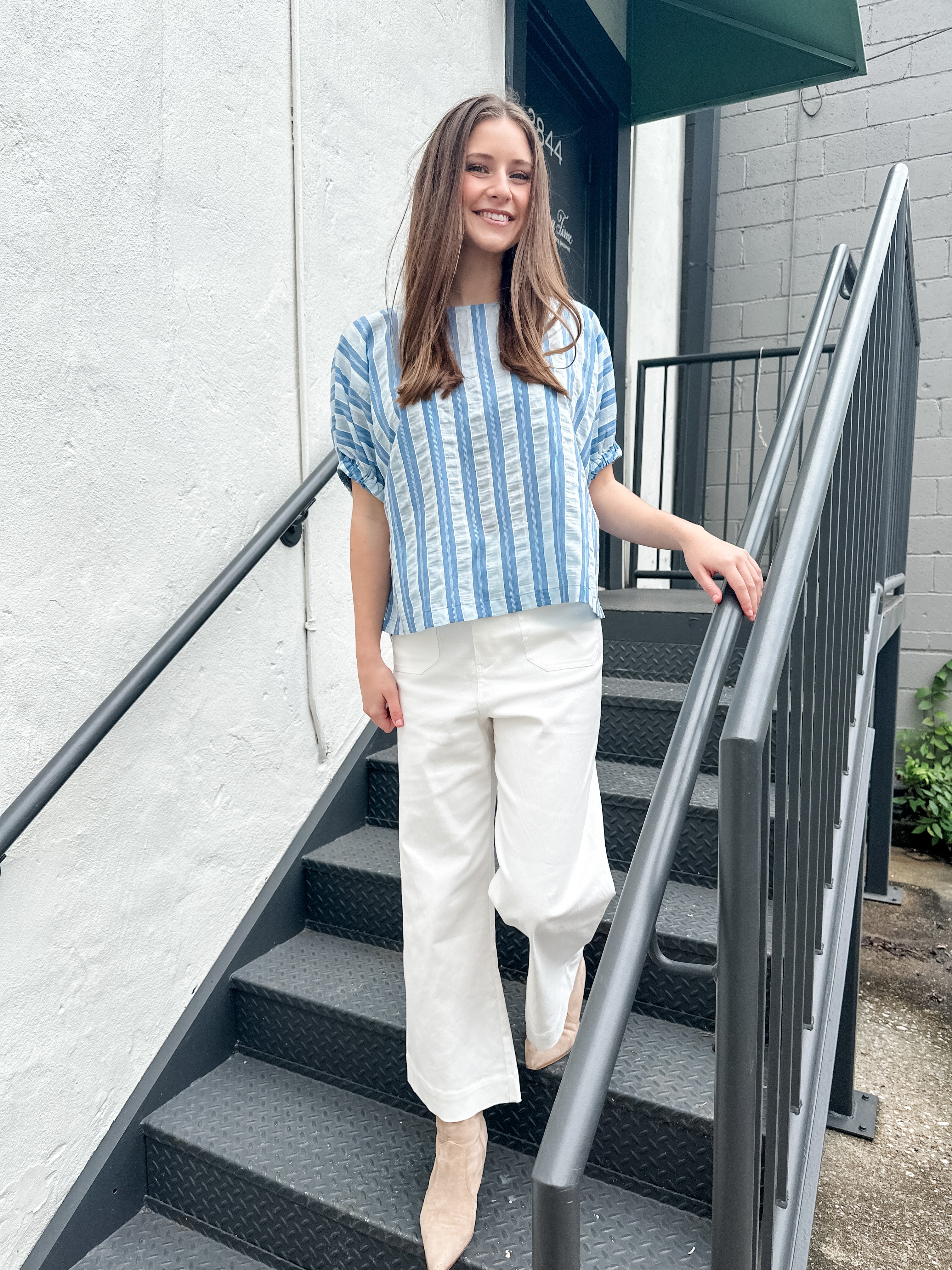 Seersucker Stripe Elastic Sleeve Top