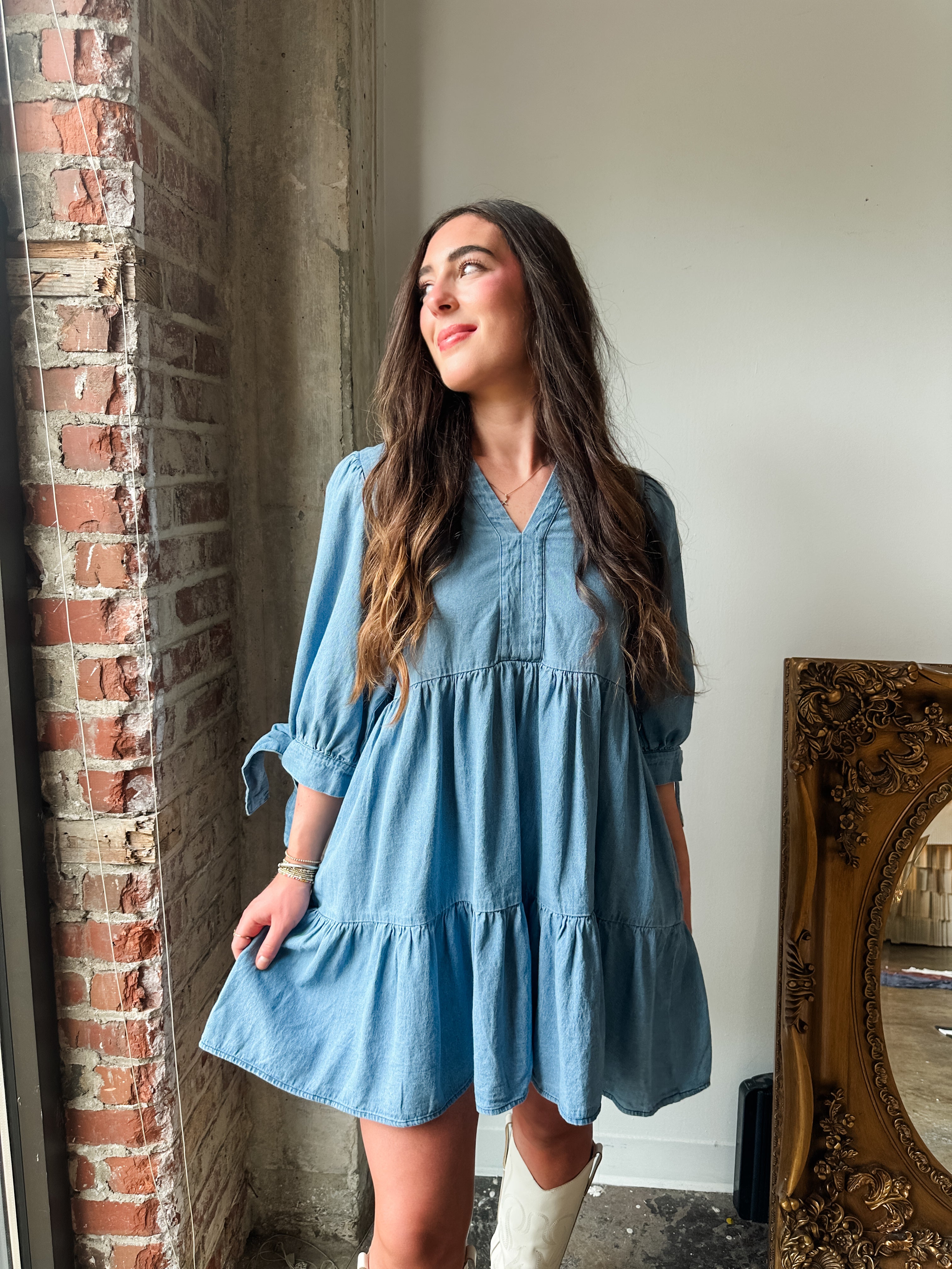 Tiered Denim Tie Sleeve Dress