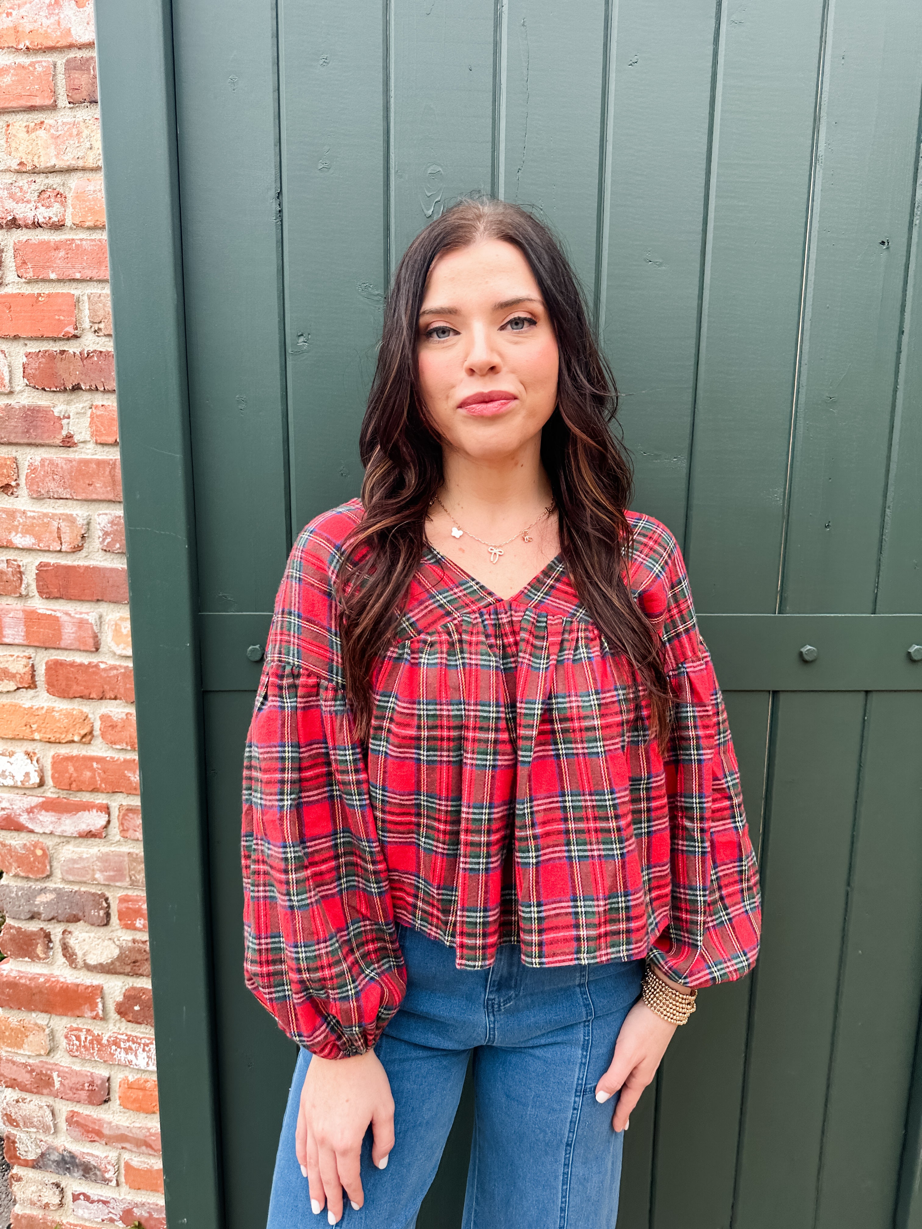 Plaid V-neck Top