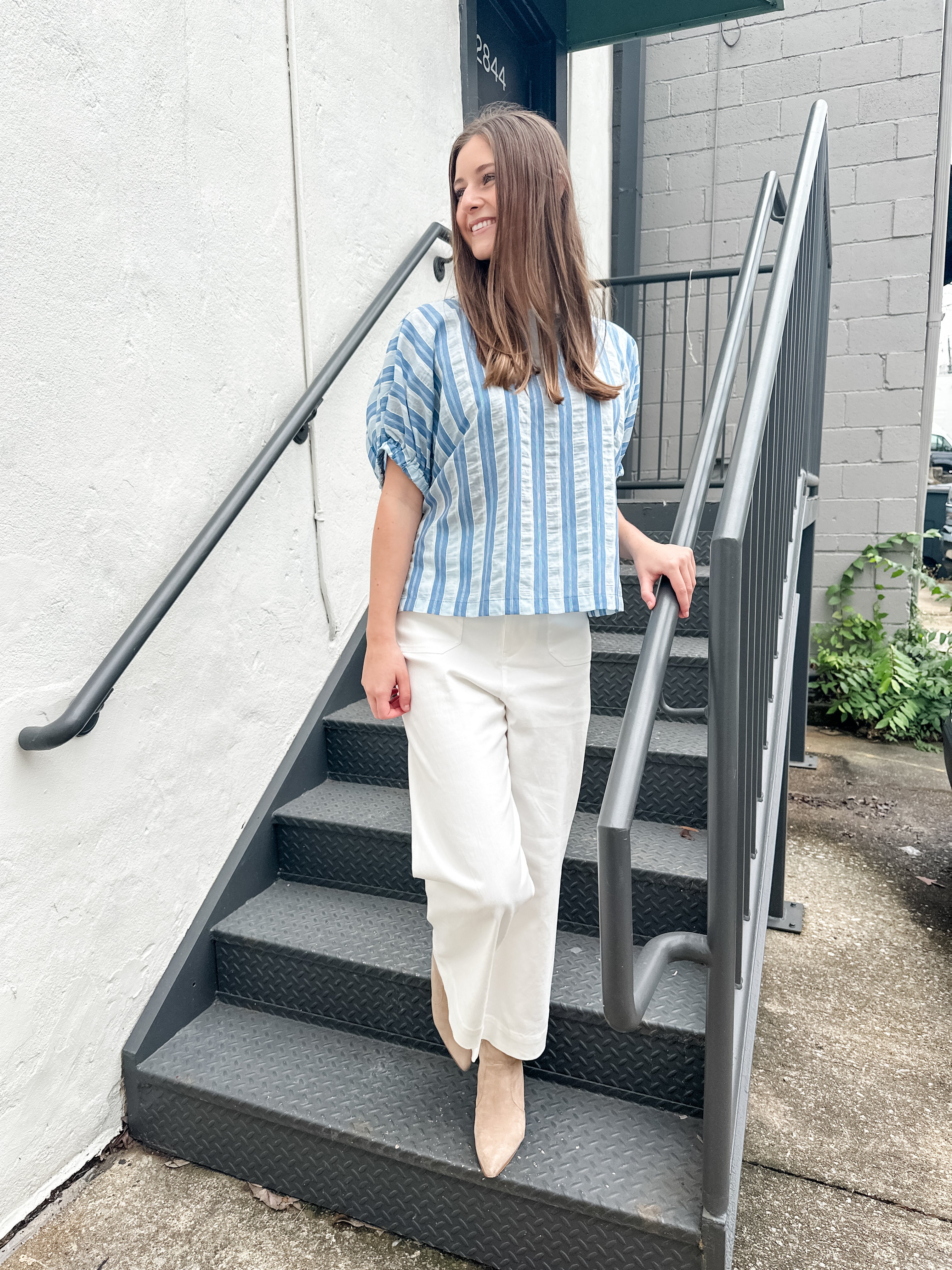 Seersucker Stripe Elastic Sleeve Top