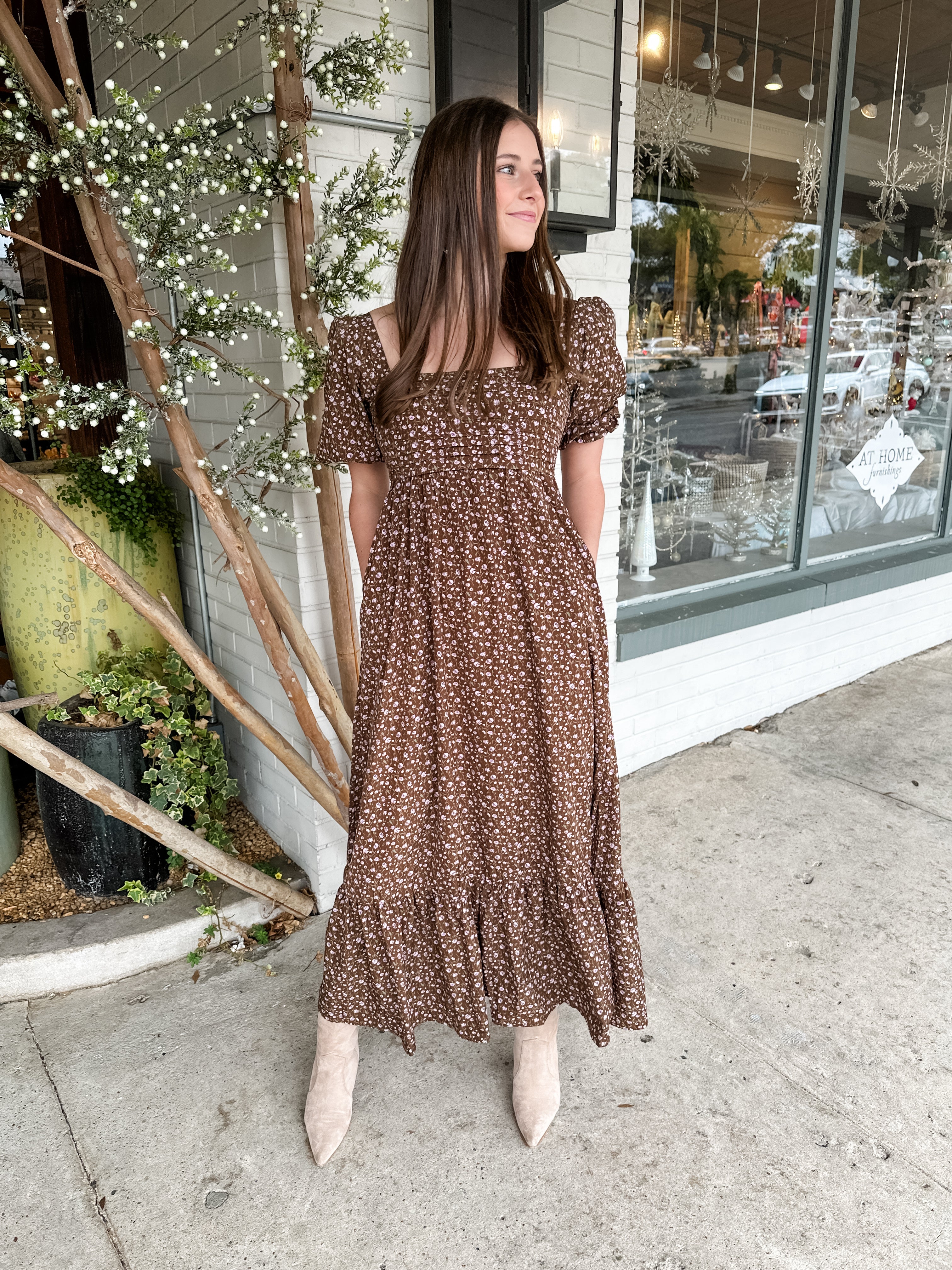 Brown Tiny Floral Midi Dress