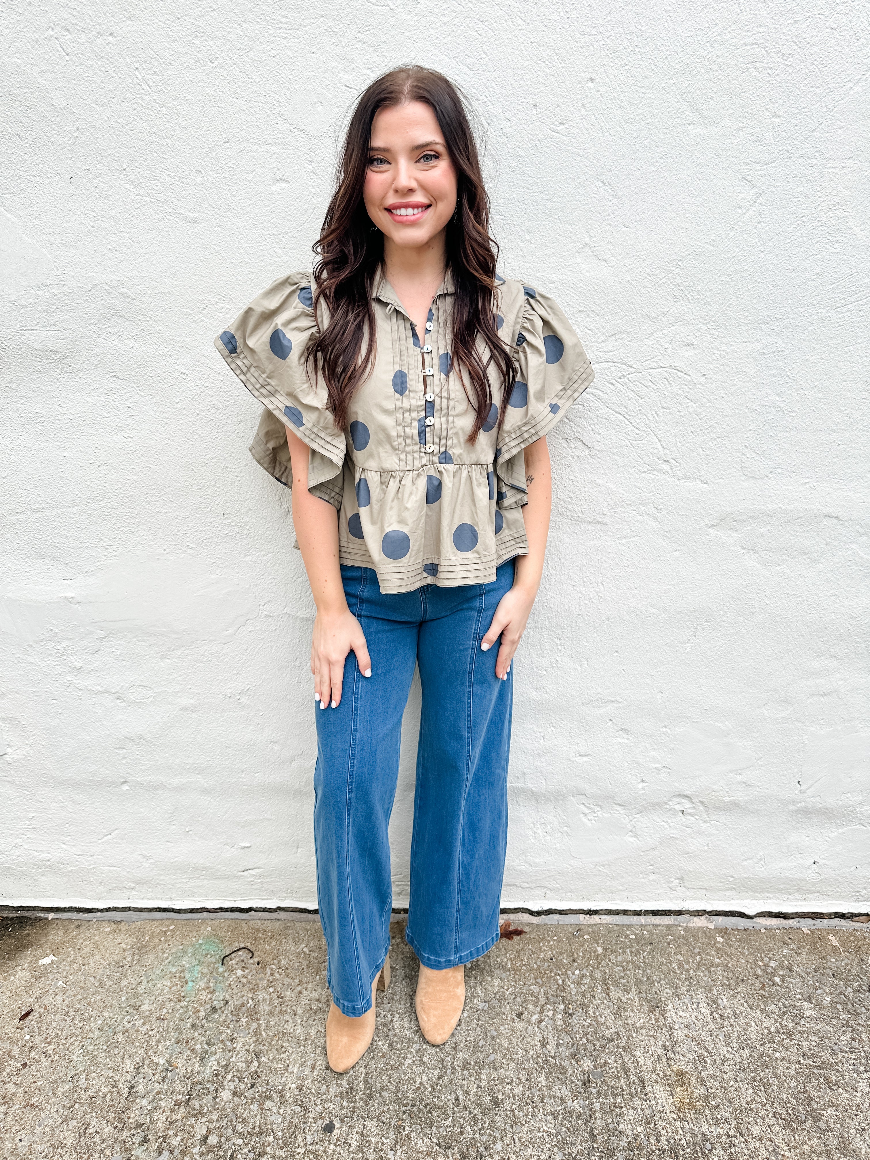 Polka Dot Ruffle Sleeve Top