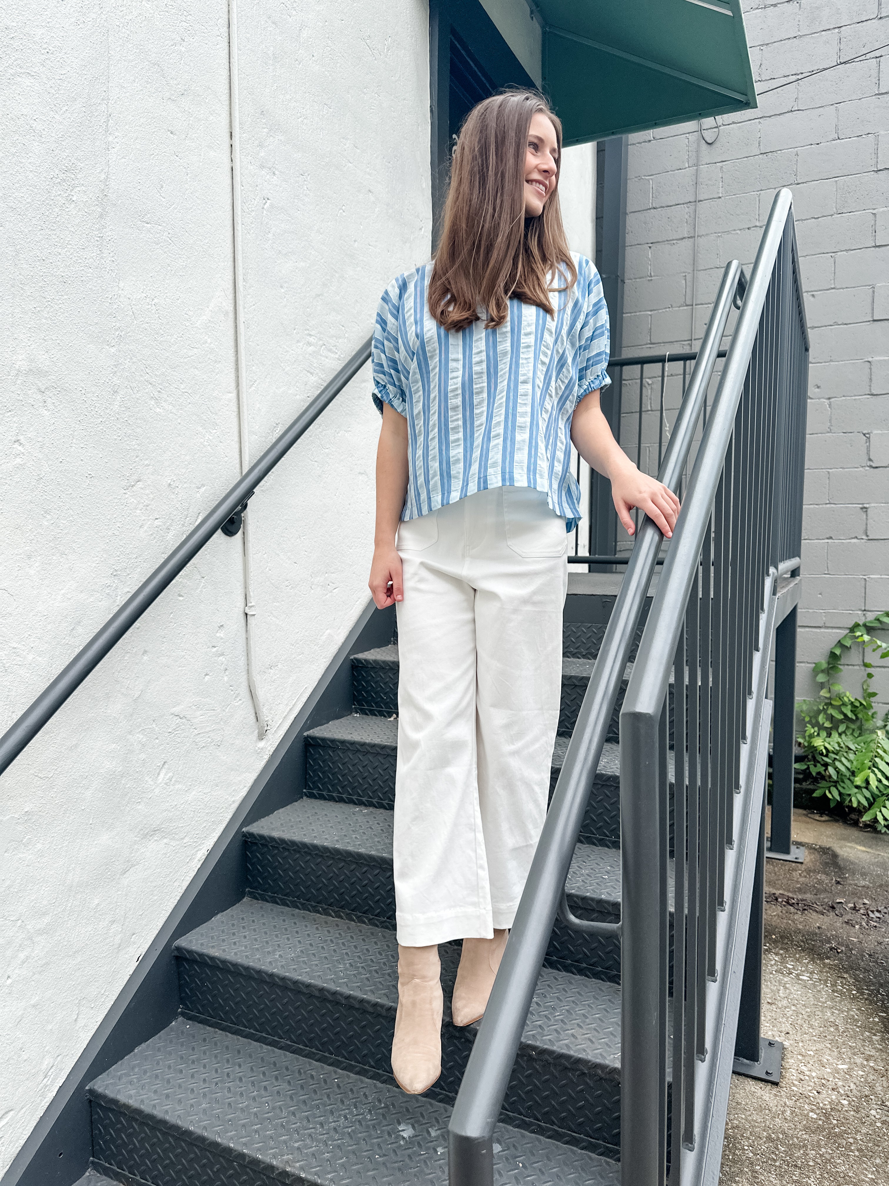 Seersucker Stripe Elastic Sleeve Top