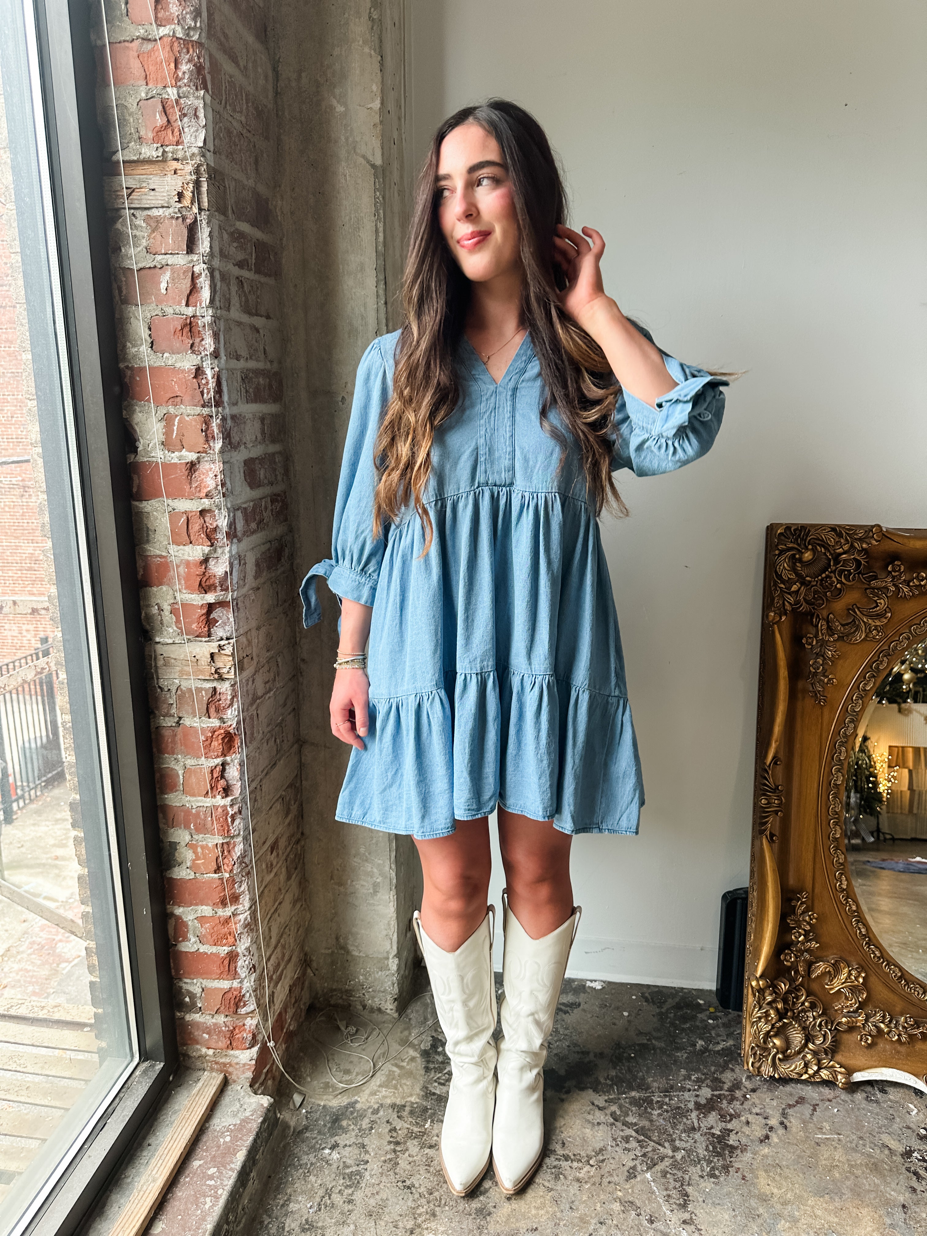 Tiered Denim Tie Sleeve Dress