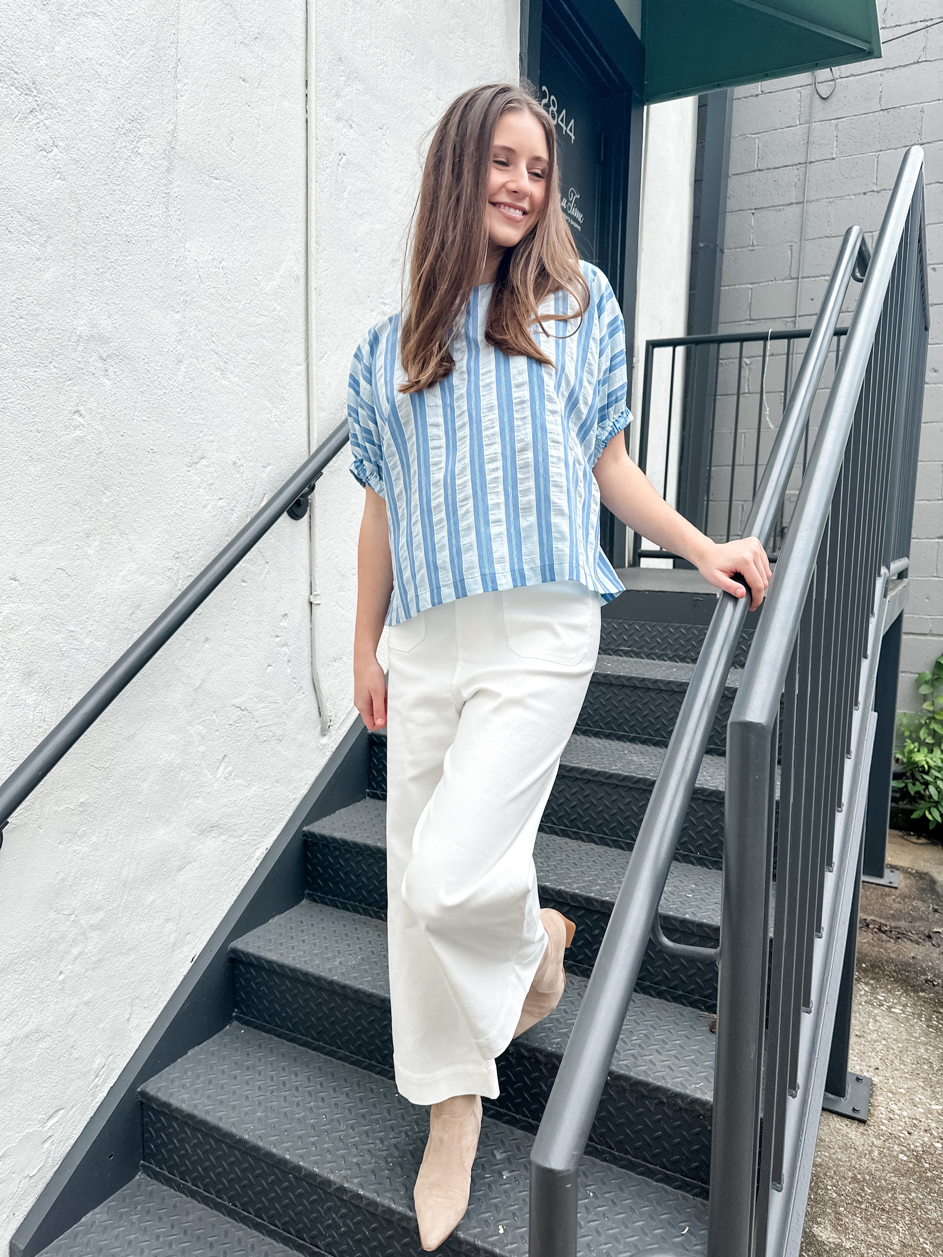 Seersucker Stripe Elastic Sleeve Top