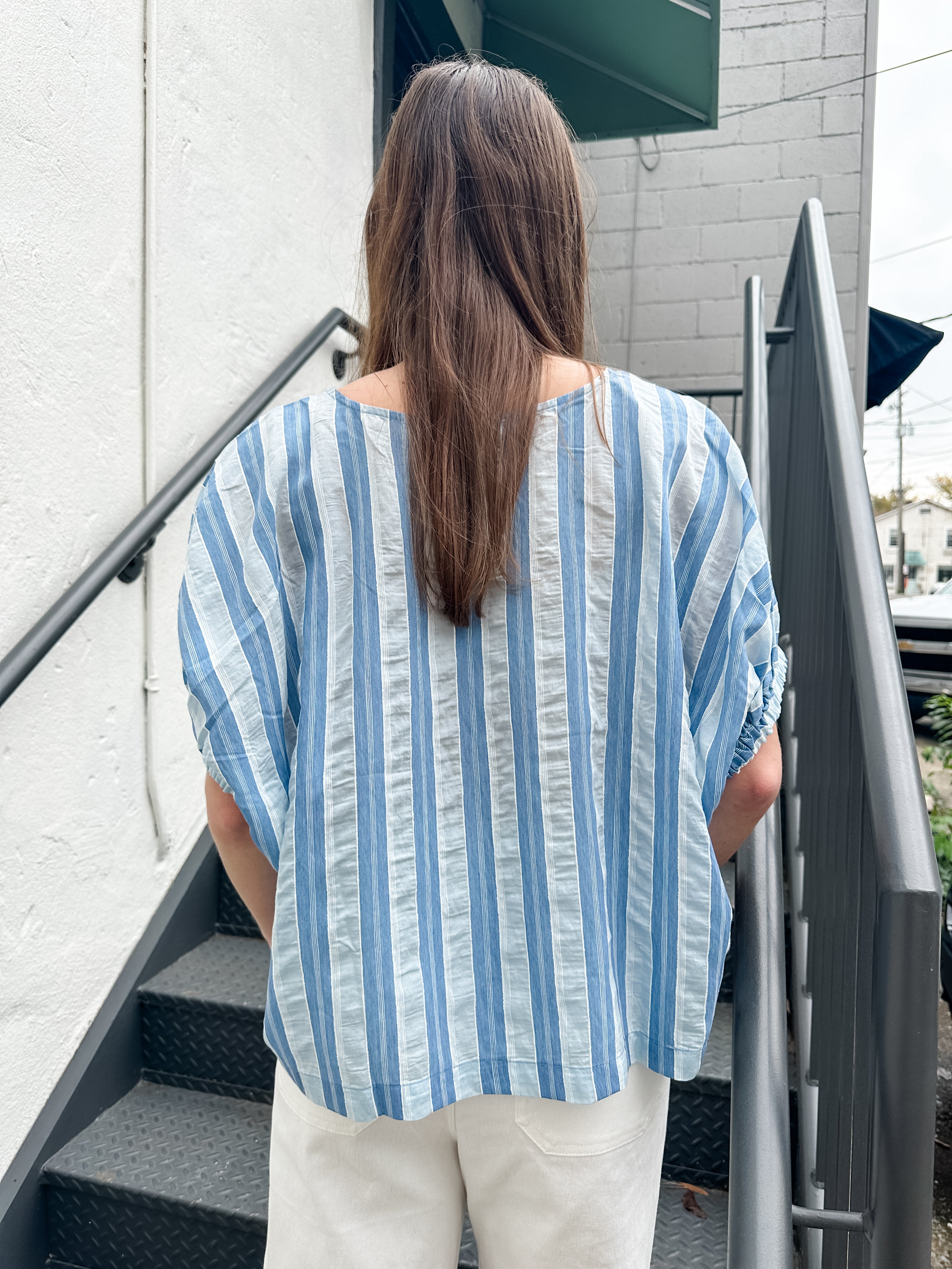 Seersucker Stripe Elastic Sleeve Top