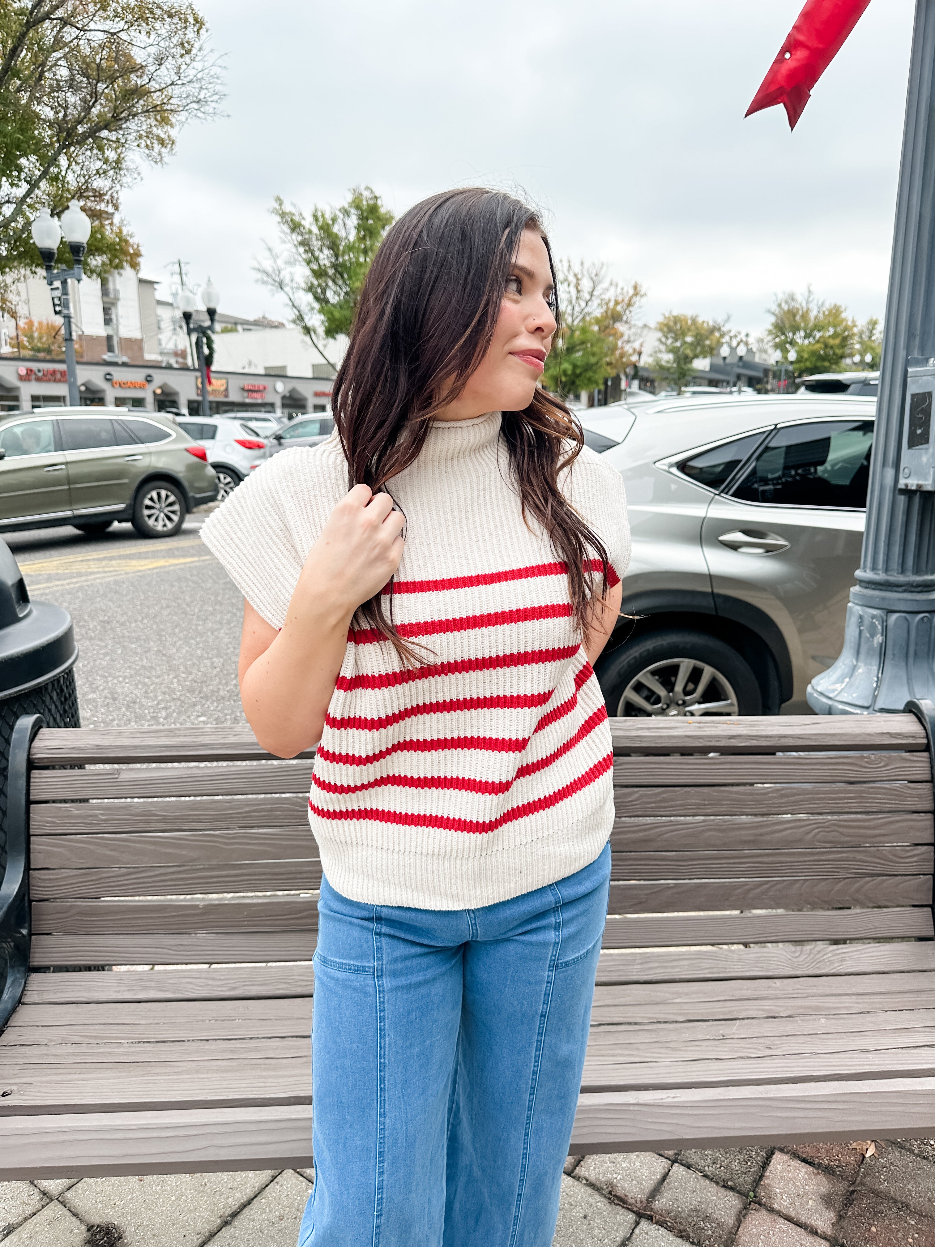 Stripe Ribbed Mock Neck Sweater