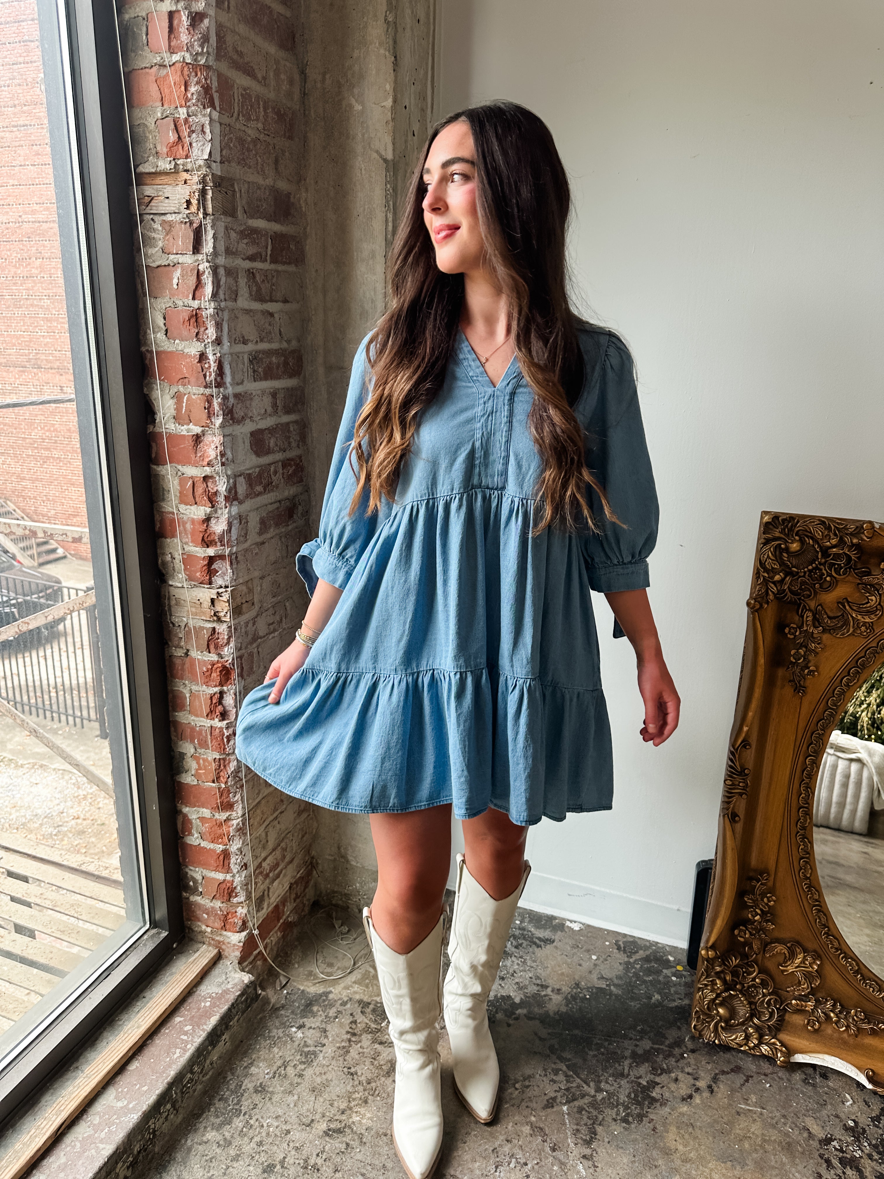 Tiered Denim Tie Sleeve Dress