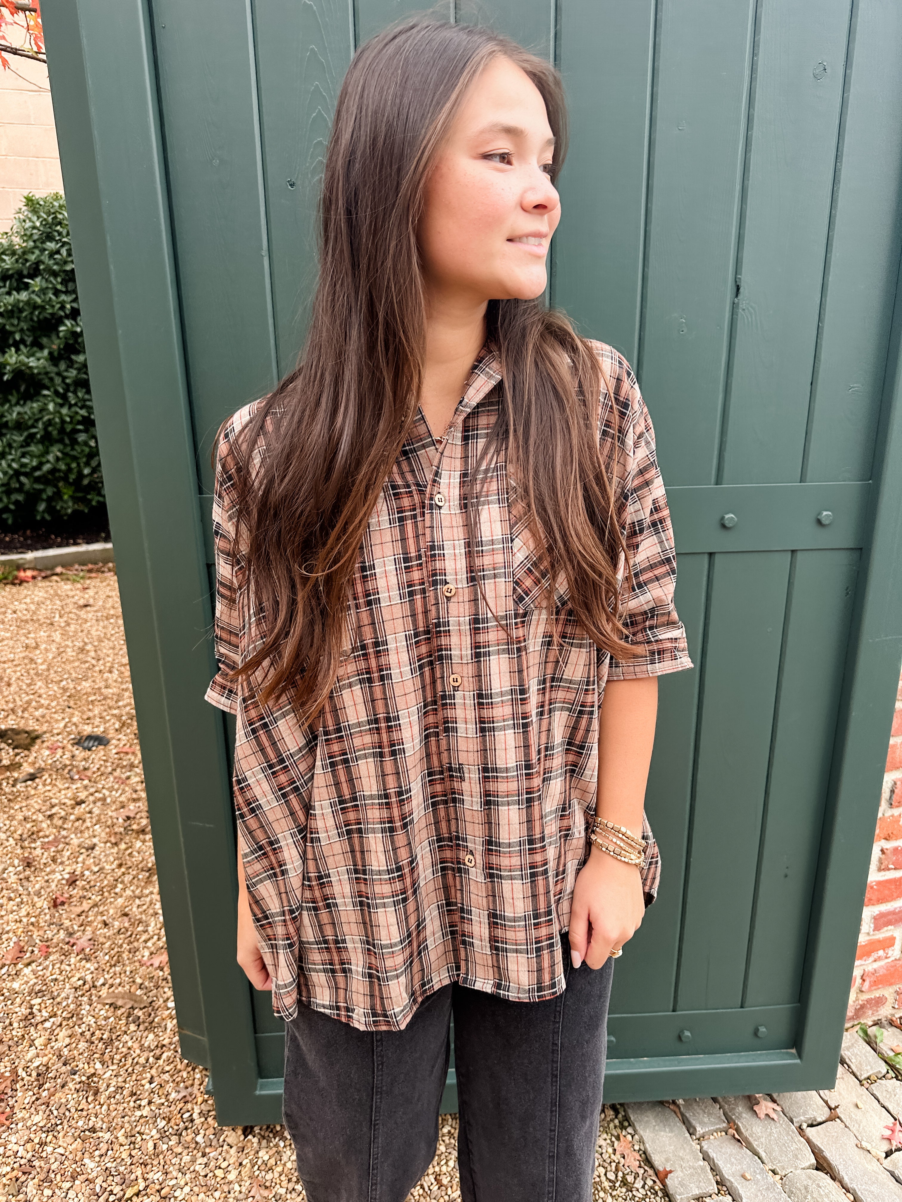 Plaid Button Front Tunic Top