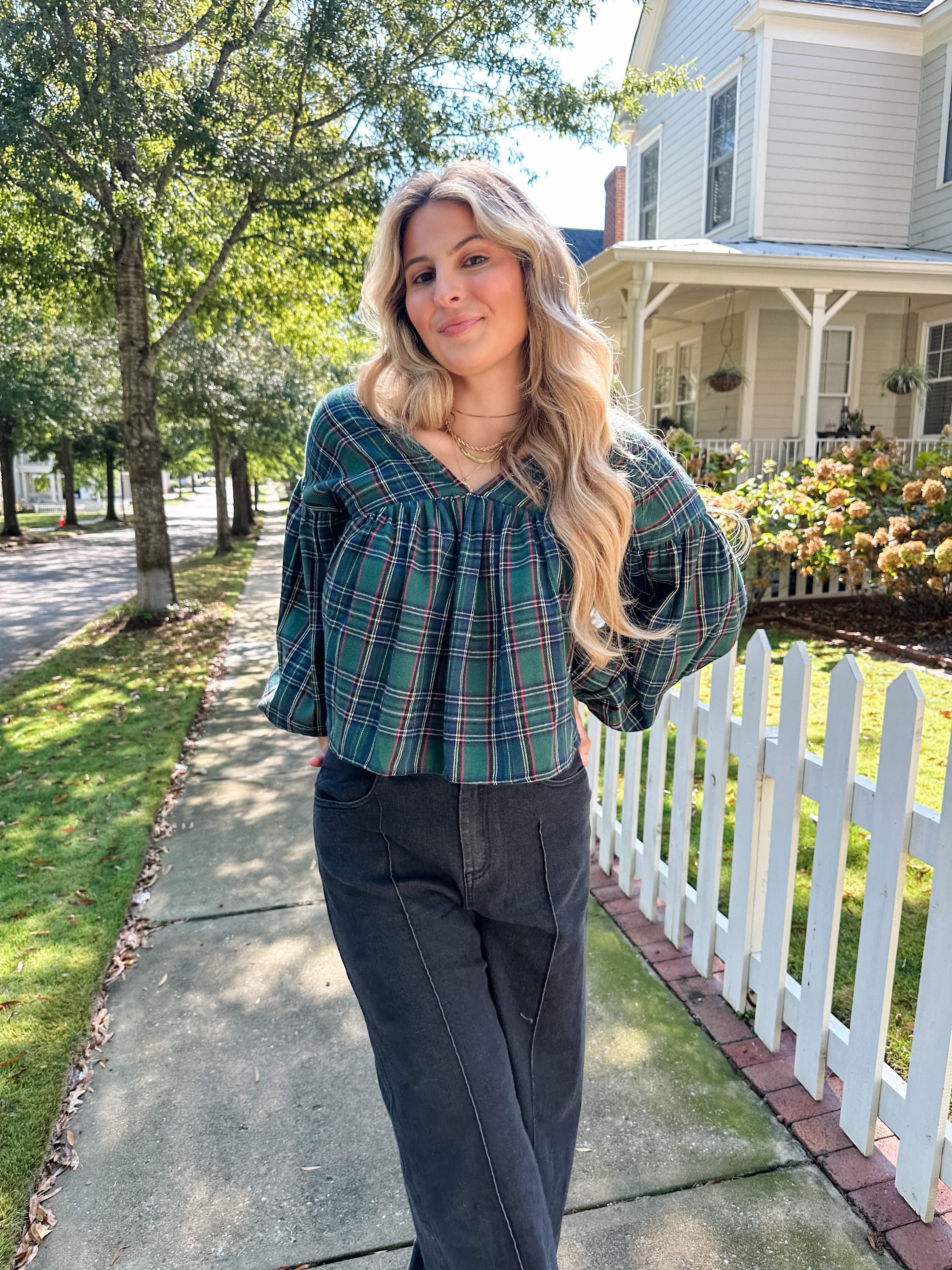 Plaid V-neck Top