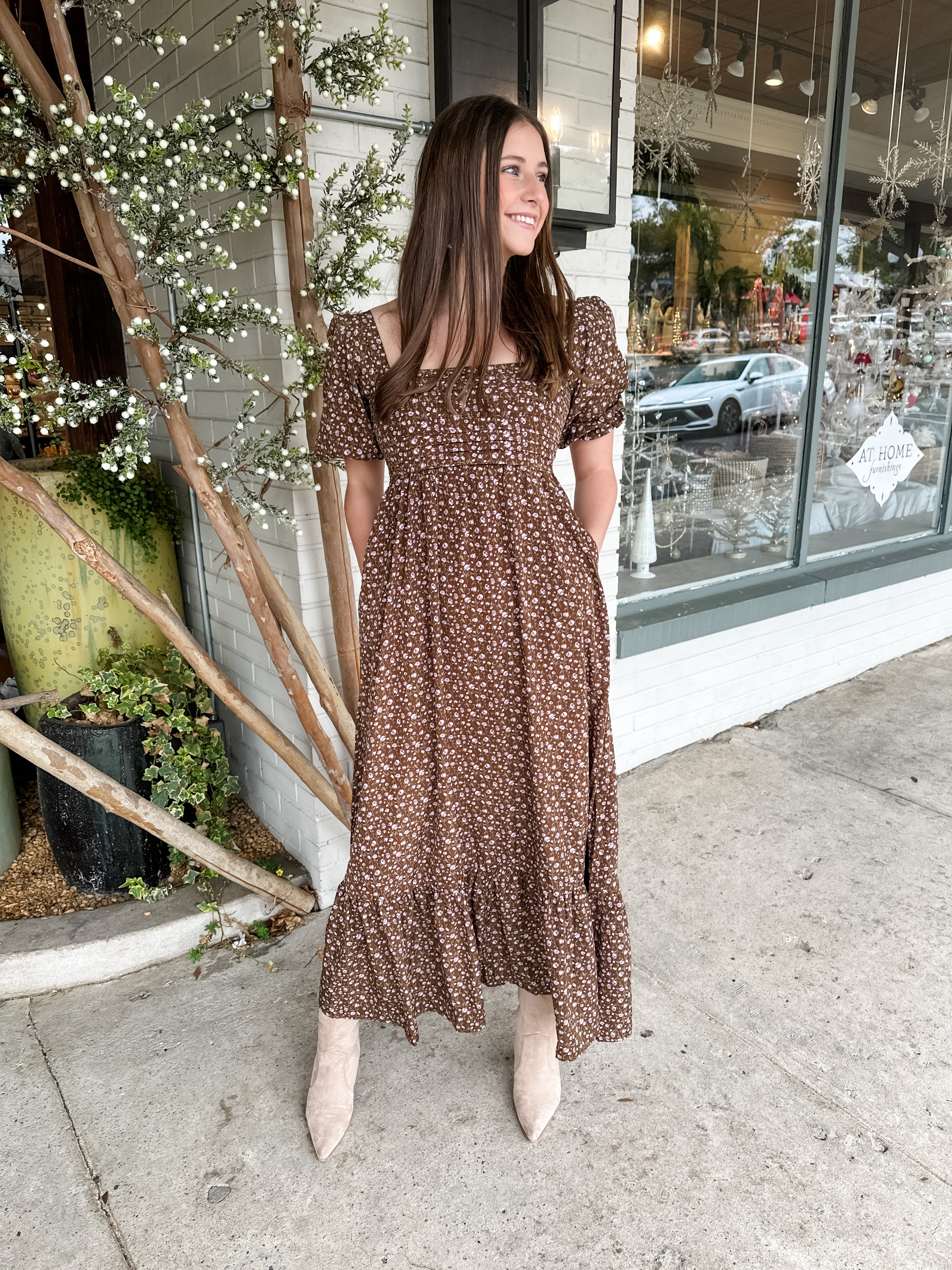 Brown Tiny Floral Midi Dress