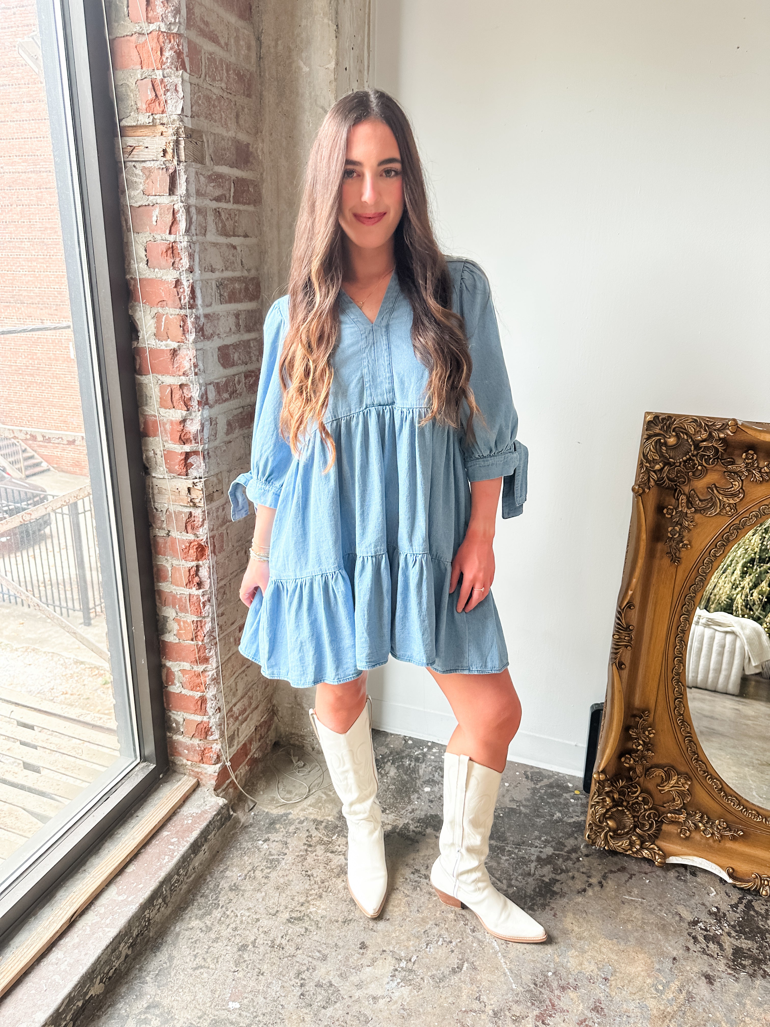 Tiered Denim Tie Sleeve Dress