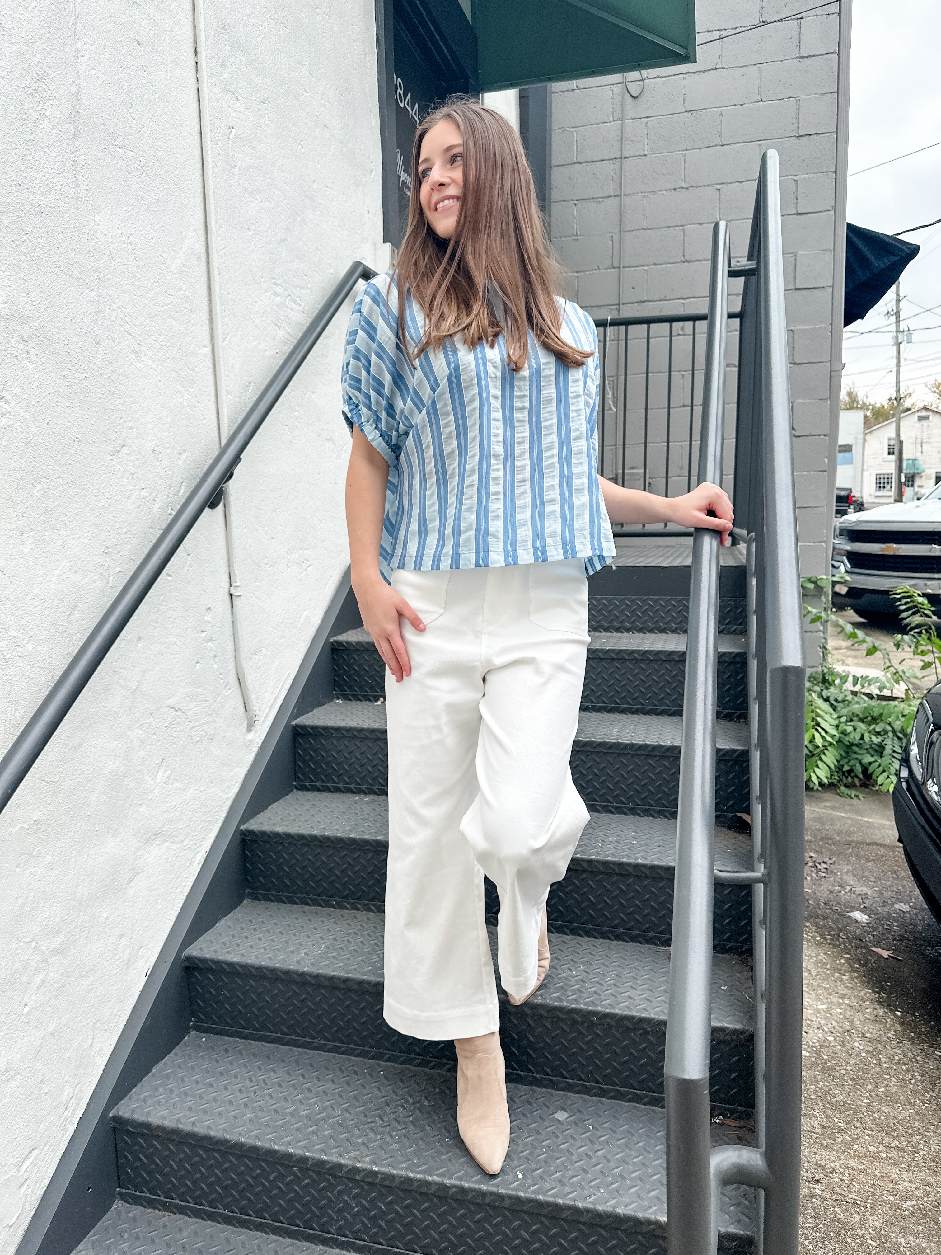 Seersucker Stripe Elastic Sleeve Top