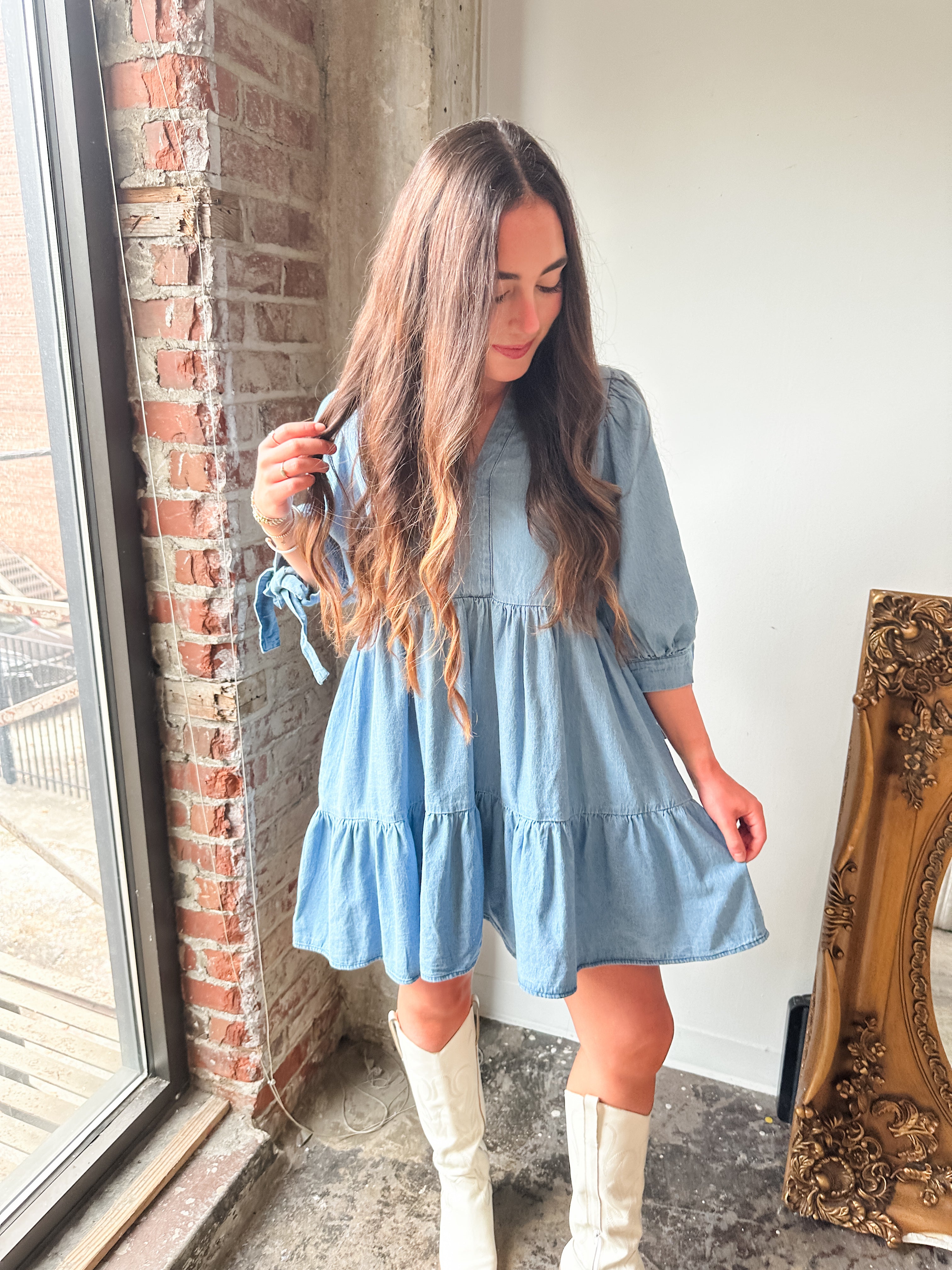 Tiered Denim Tie Sleeve Dress