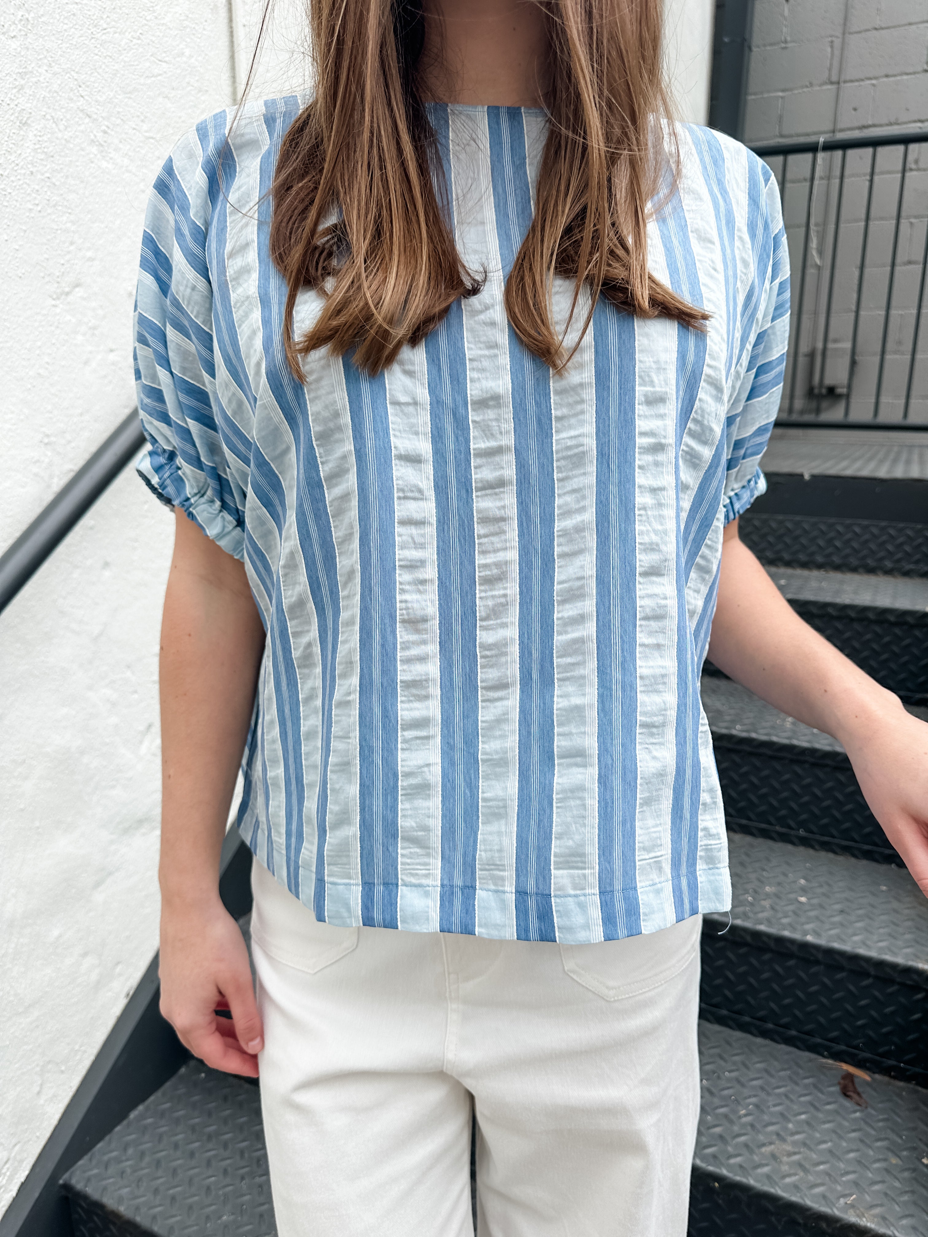 Seersucker Stripe Elastic Sleeve Top