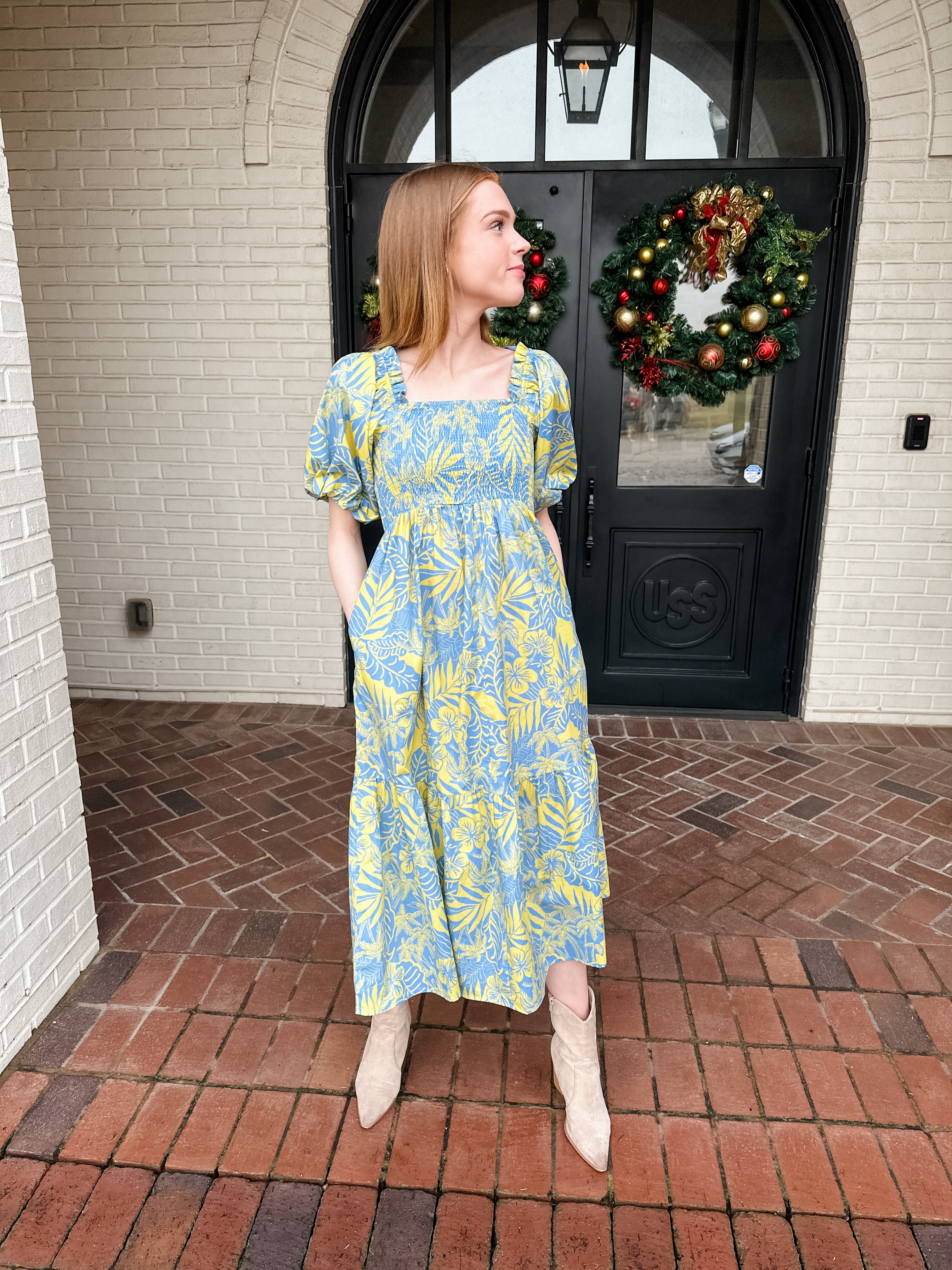 Printed Smocked Midi Dress