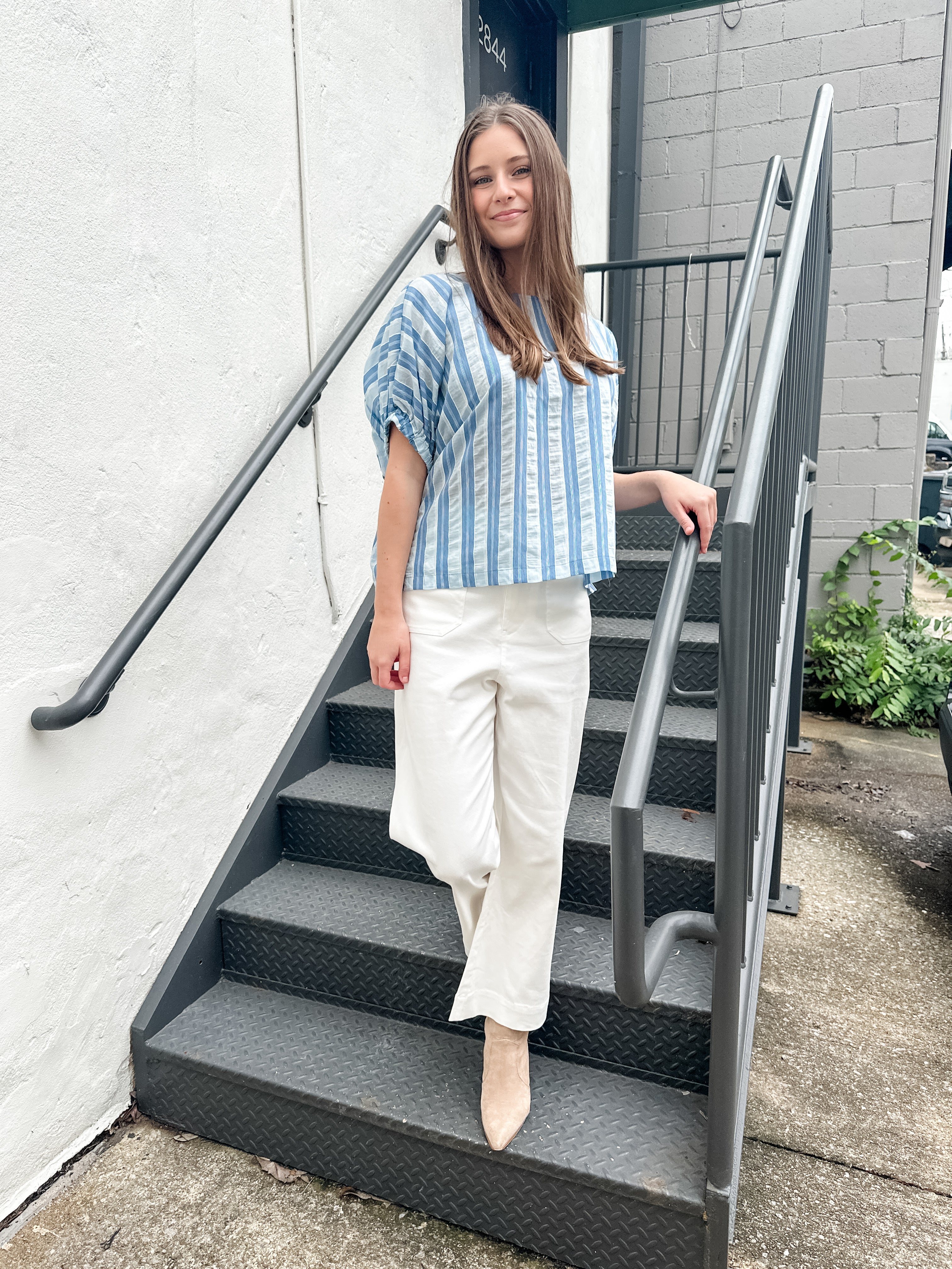 Seersucker Stripe Elastic Sleeve Top