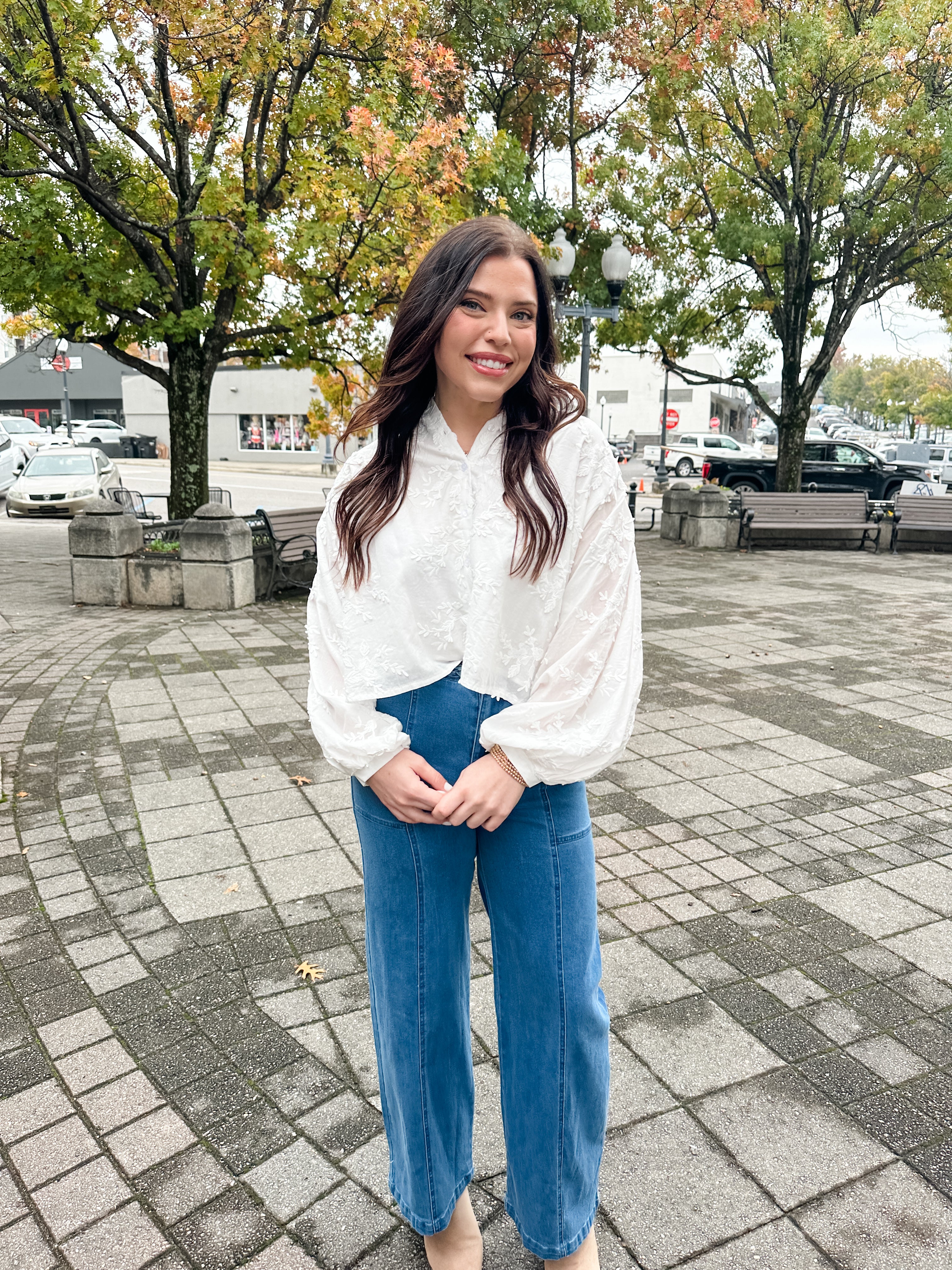 Embroidered Floral Button Front Top