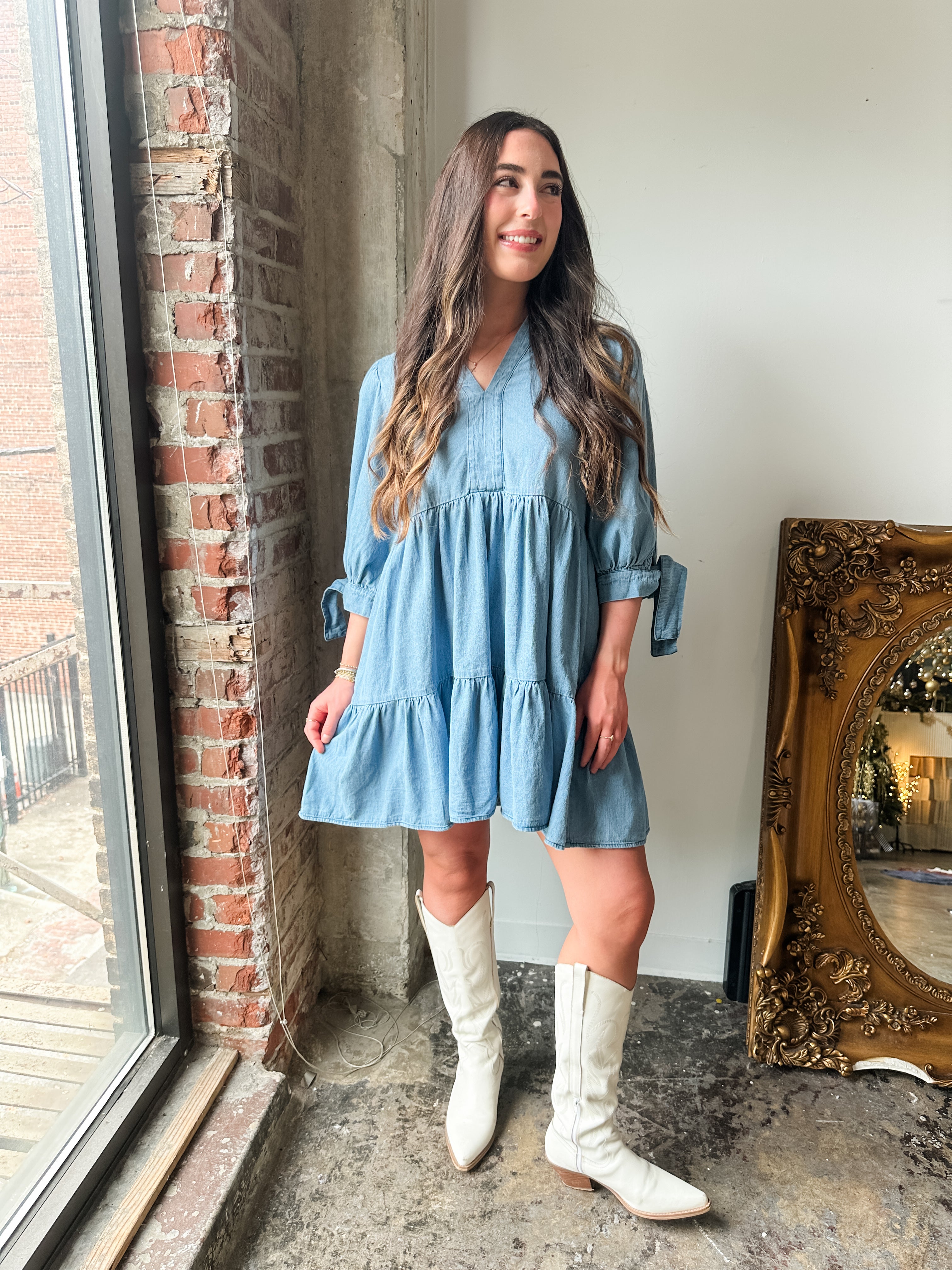 Tiered Denim Tie Sleeve Dress