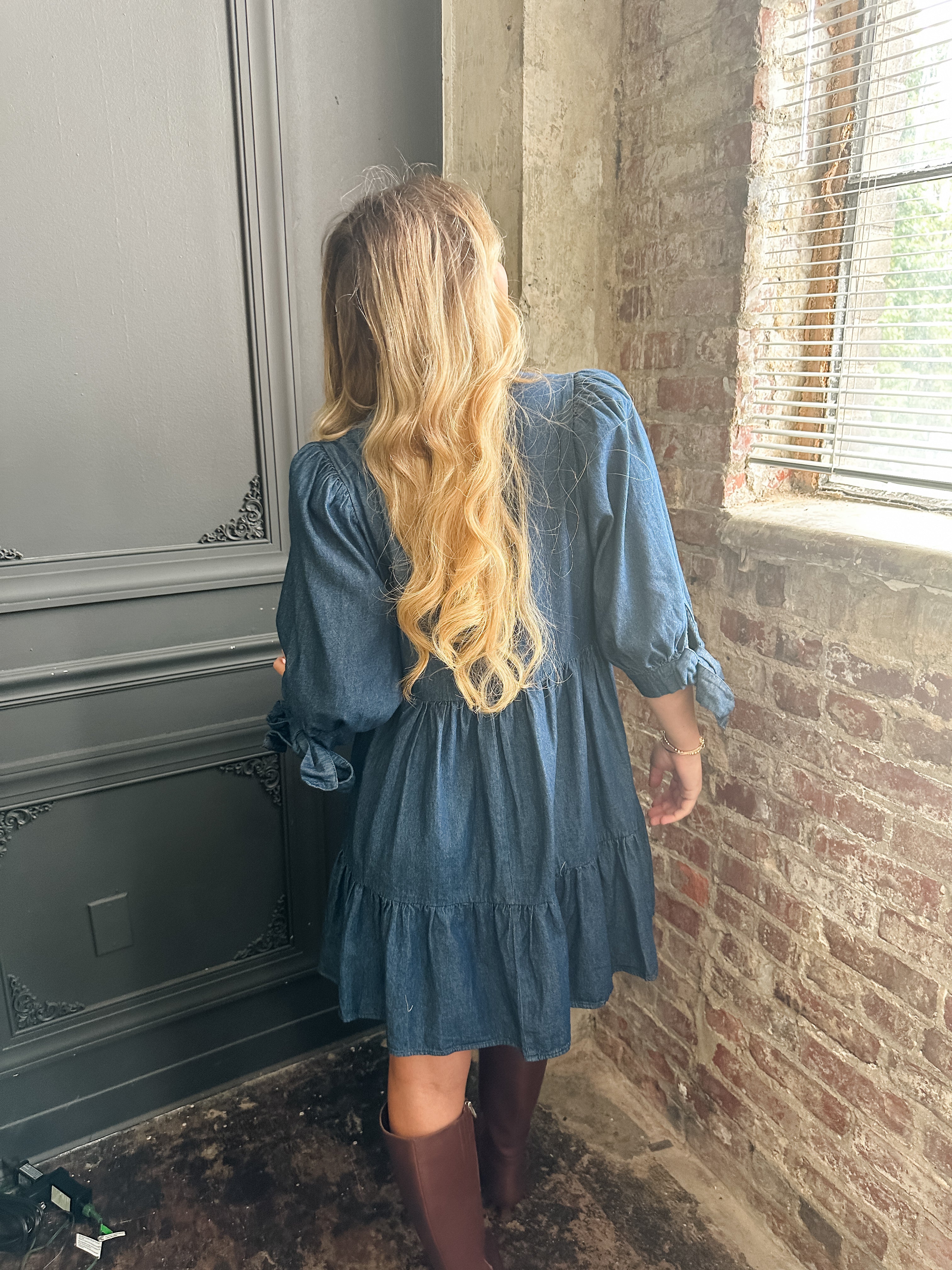 Tiered Denim Tie Sleeve Dress