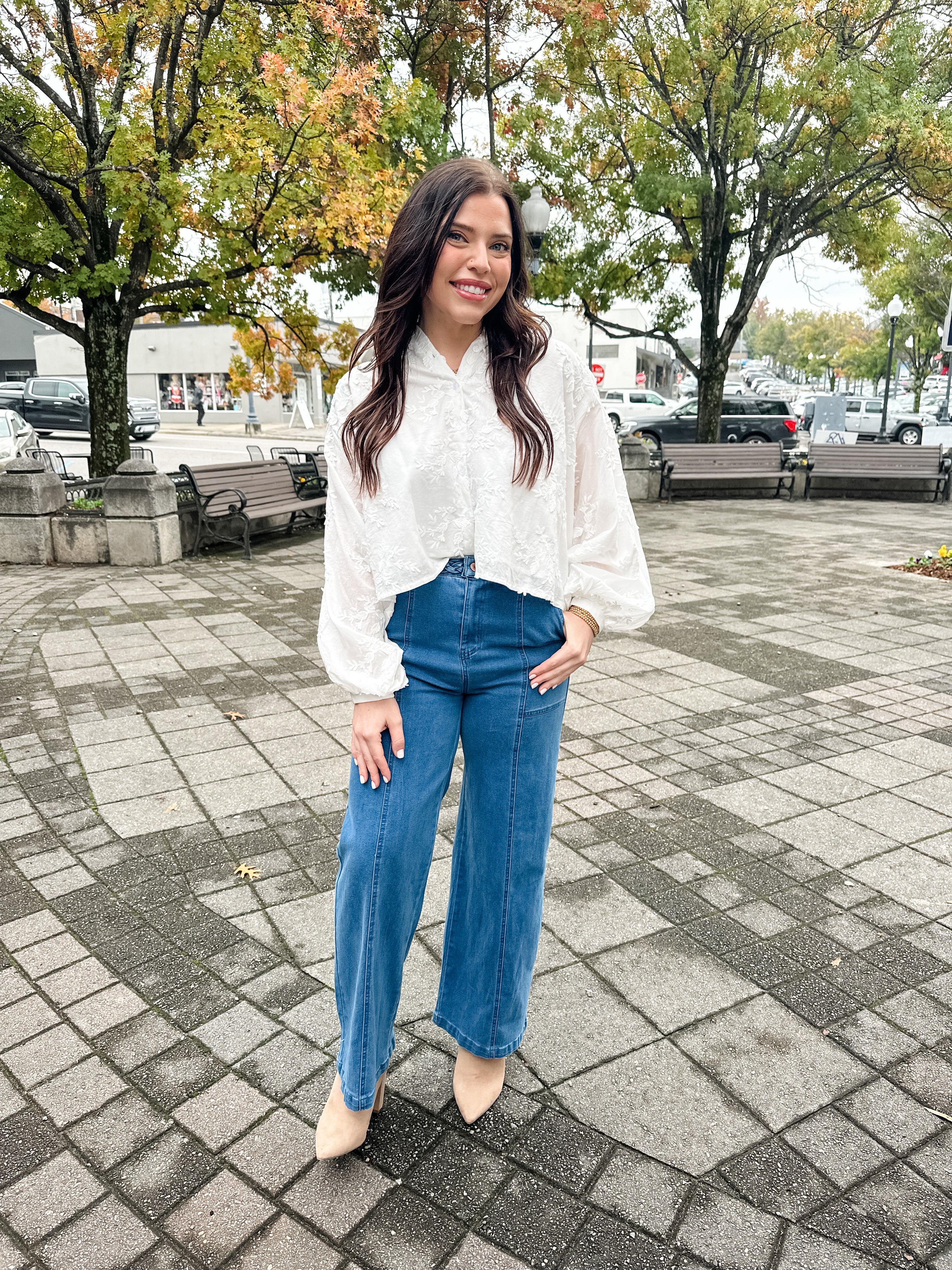 Embroidered Floral Button Front Top