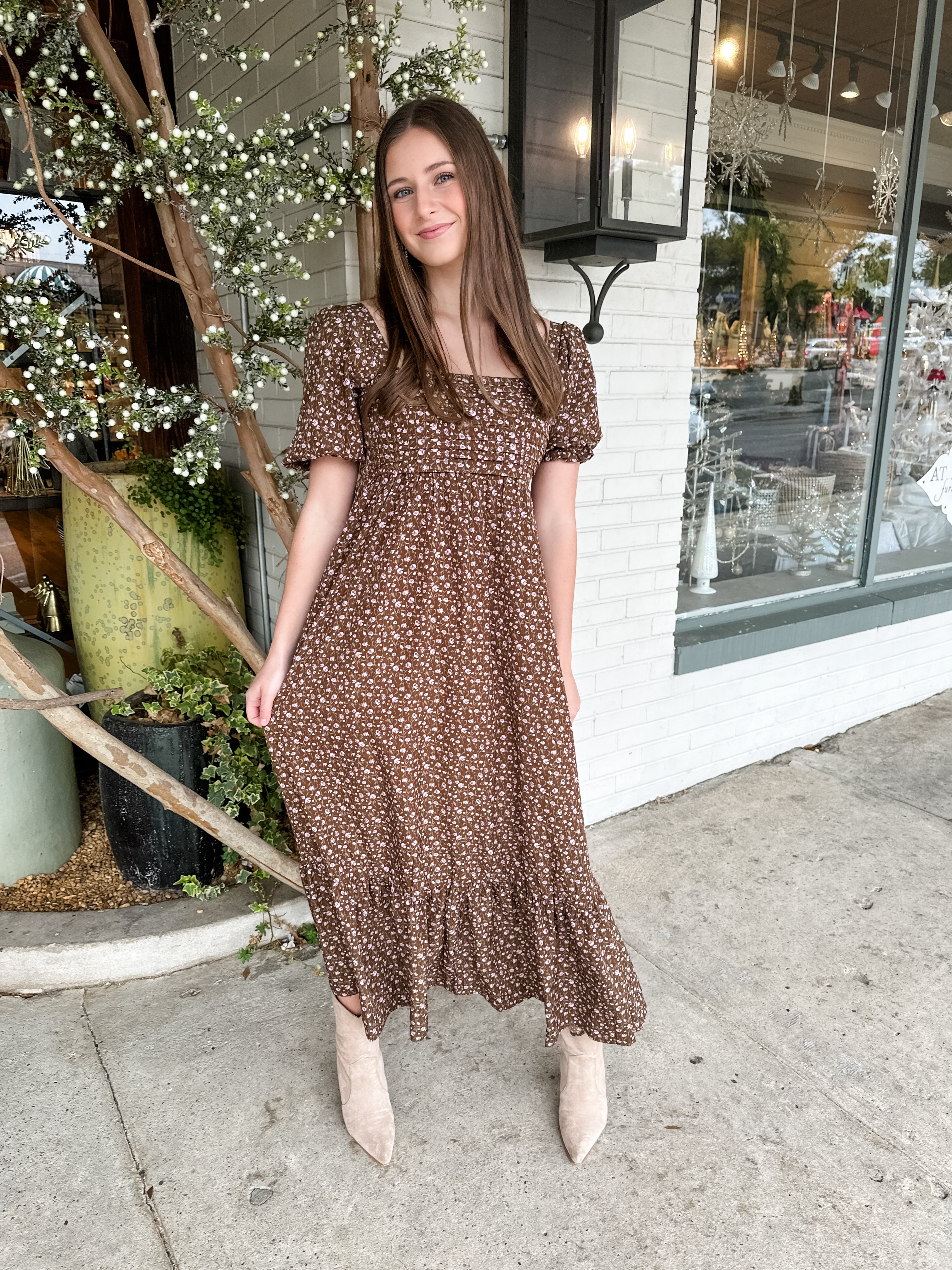 Brown Tiny Floral Midi Dress