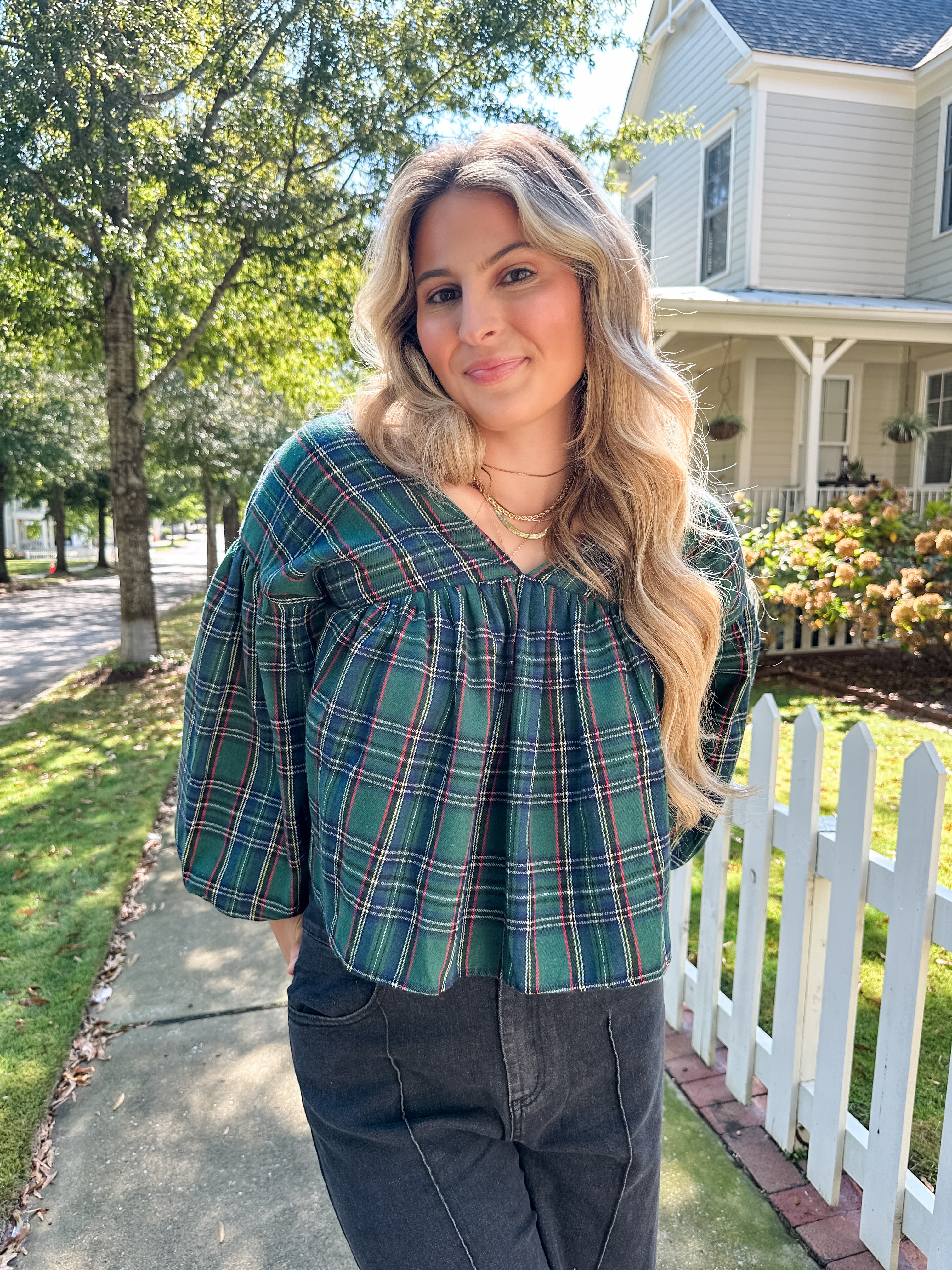 Plaid V-neck Top