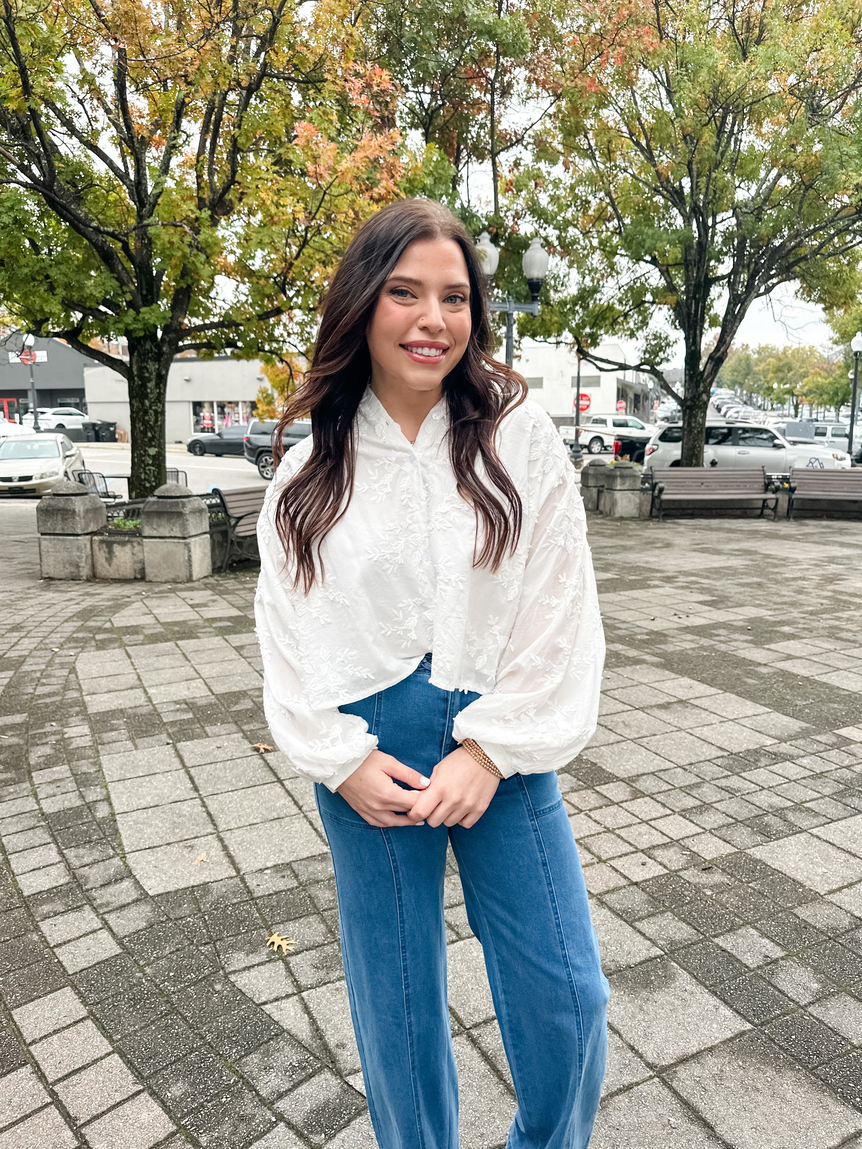 Embroidered Floral Button Front Top