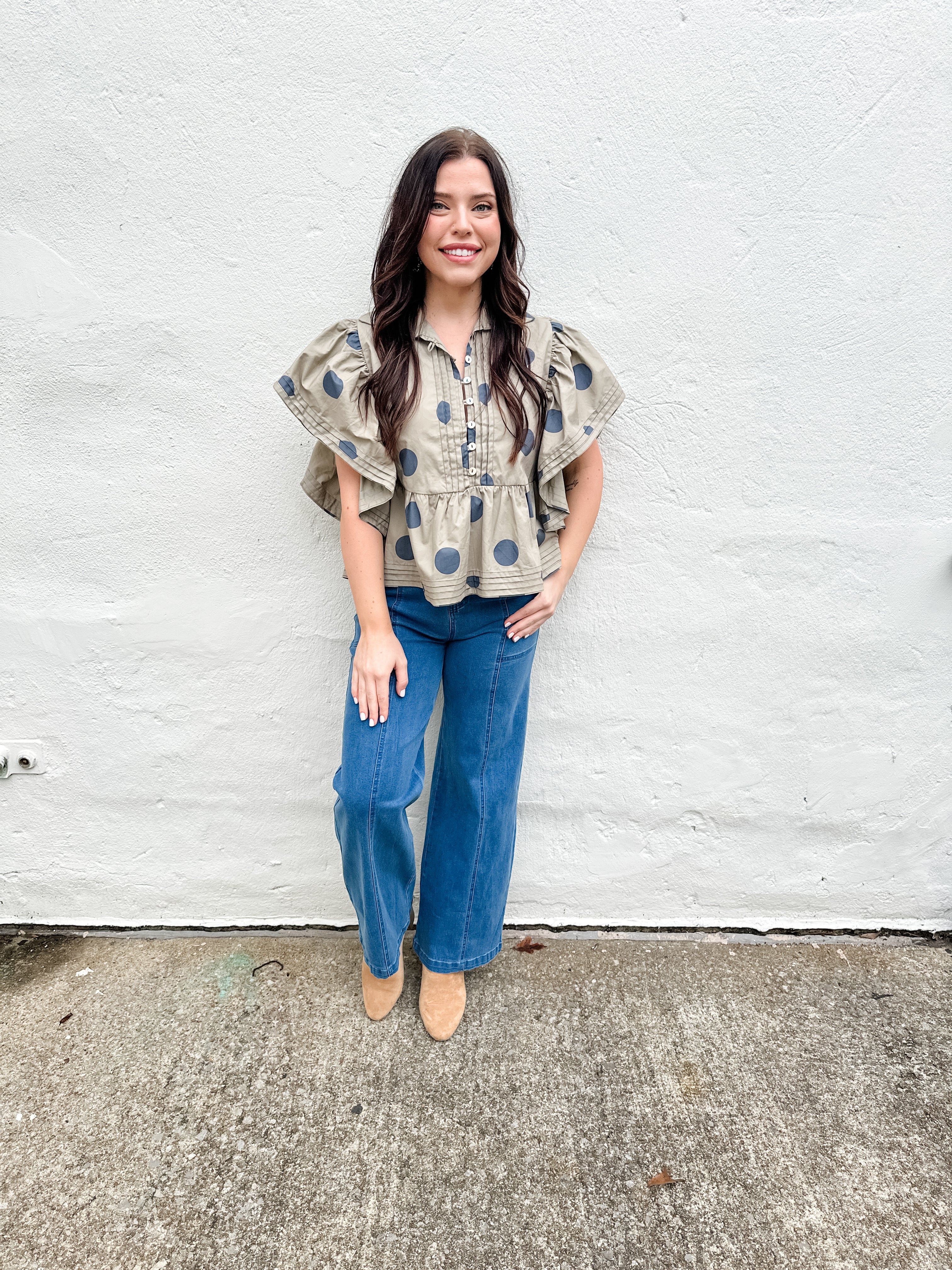 Polka Dot Ruffle Sleeve Top