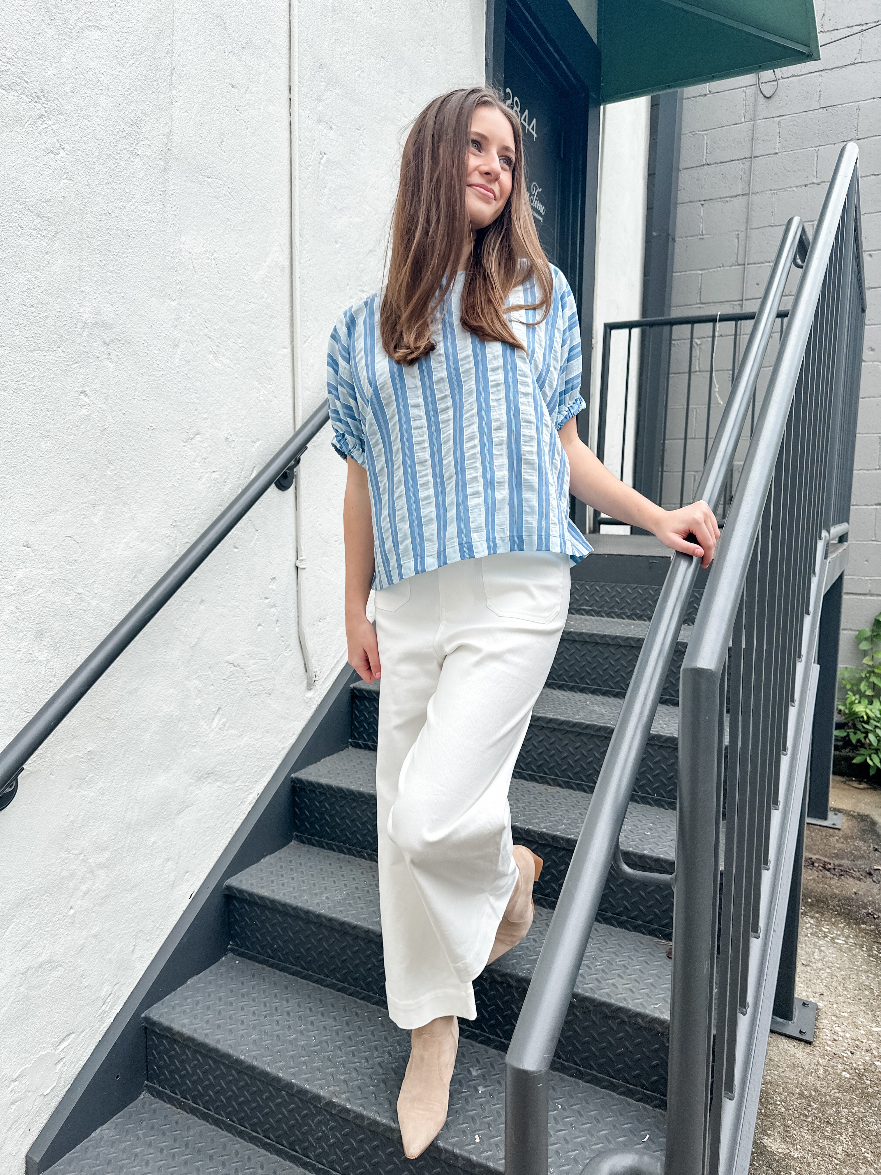 Seersucker Stripe Elastic Sleeve Top