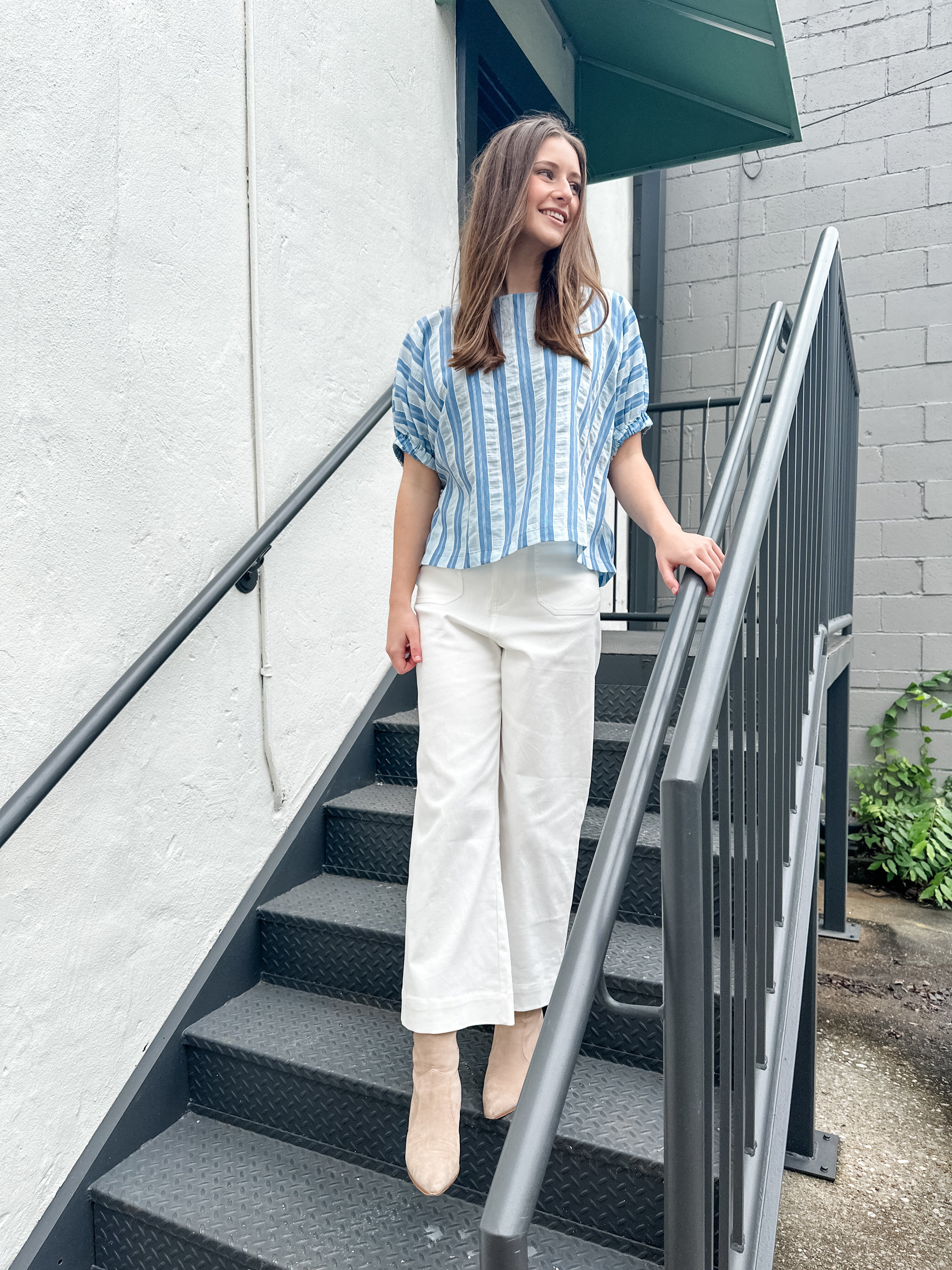 Seersucker Stripe Elastic Sleeve Top